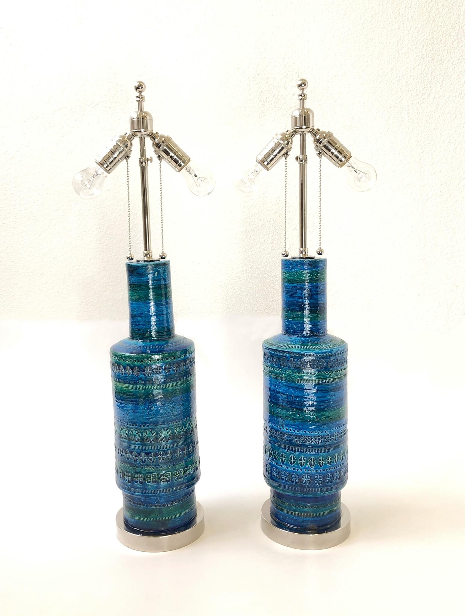 Rare Pair of Rimini Blue Italian Ceramic and Nickel Table Lamps by Bitossi 3