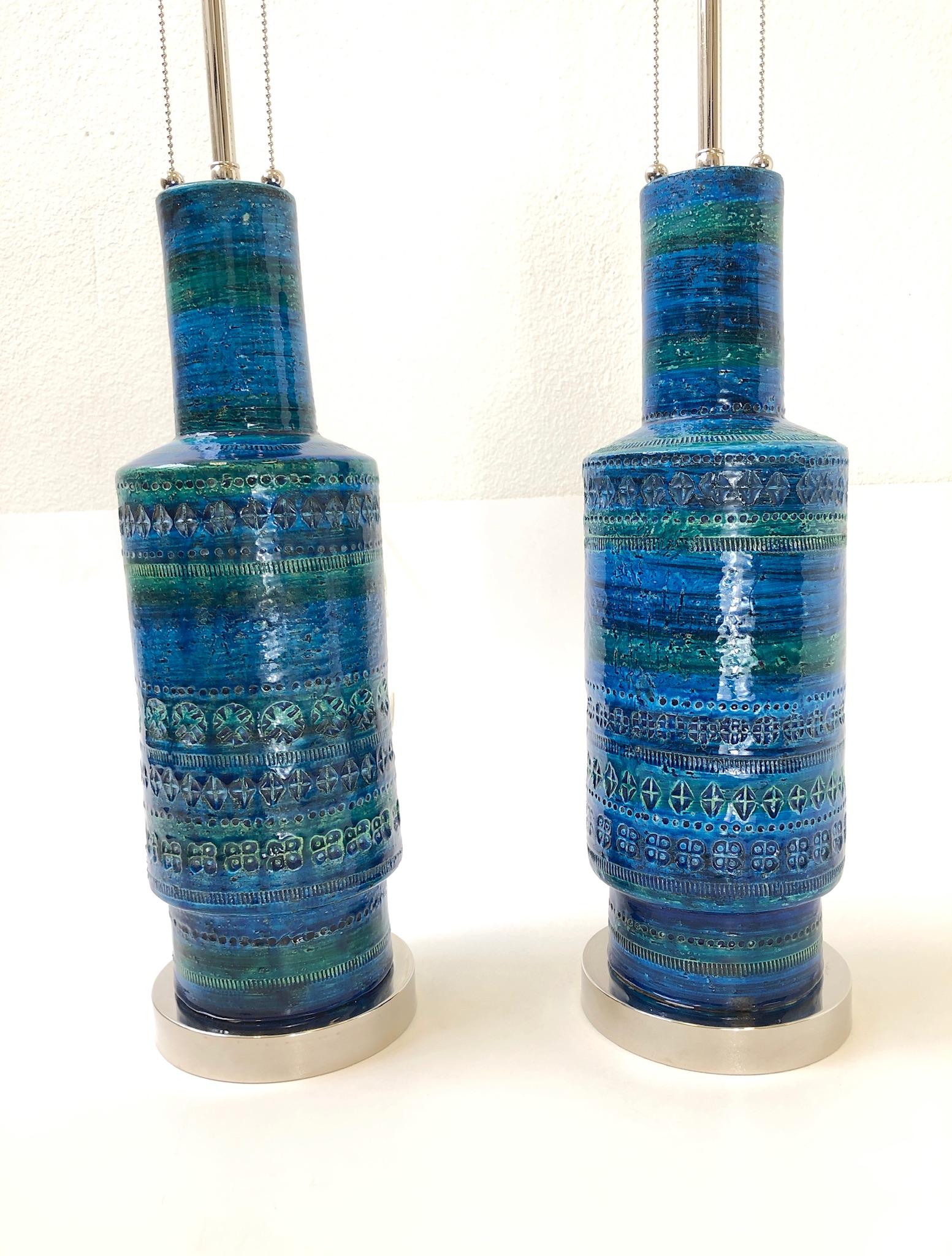 Glazed Rare Pair of Rimini Blue Italian Ceramic and Nickel Table Lamps by Bitossi