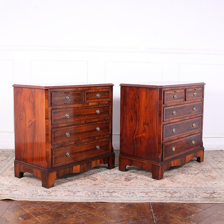 Very rare matching pair of exceptional 19th Century chests in stunning Rosewood with skilfully inlaid brass detailing throughout and original hardware. Perfect for Nightstands or end tables.
Dimensions:
W: 30.5″
D: 16.5″
T: 29.5″