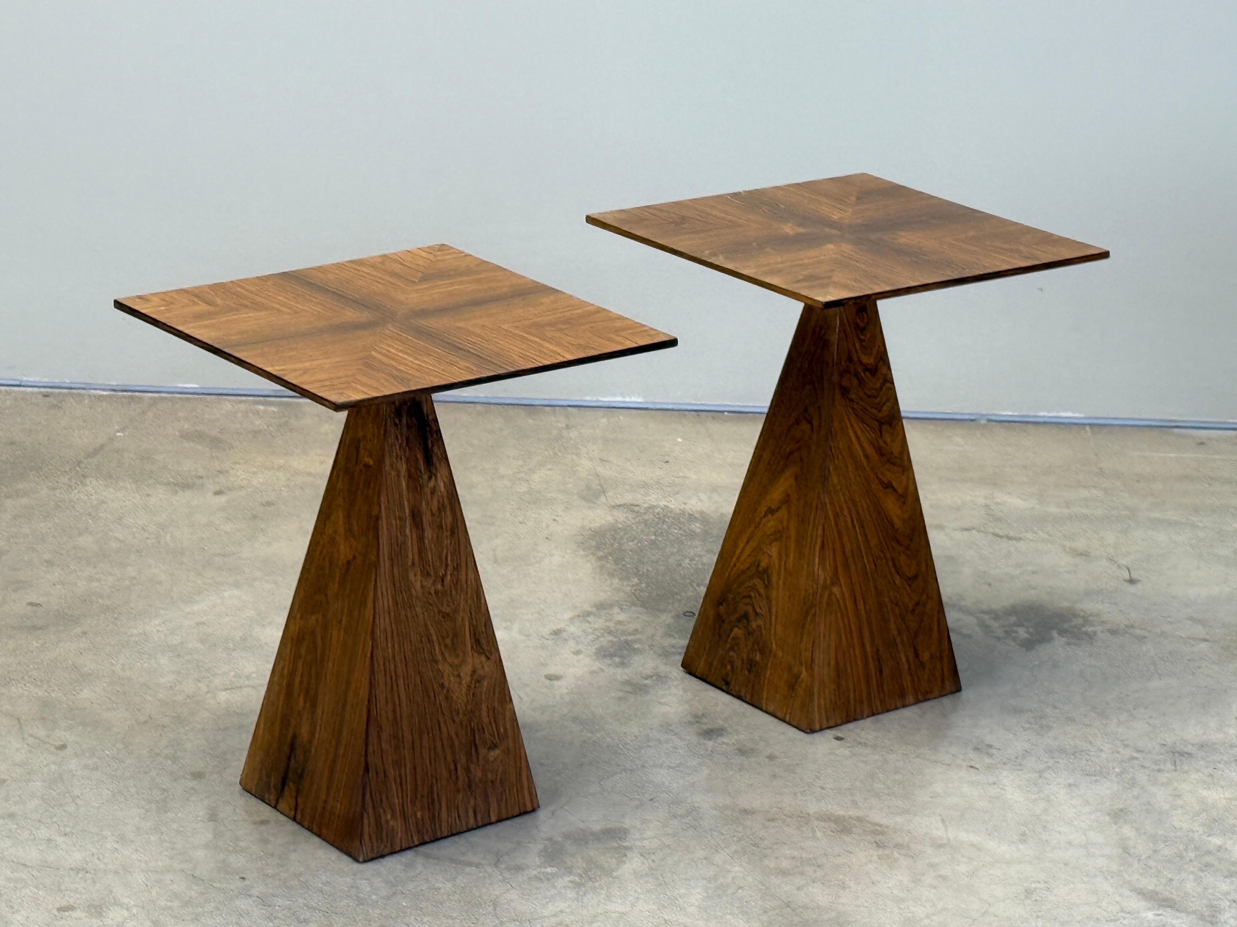 A rare pair of rosewood pyramid side tables by Harvey Probber. 