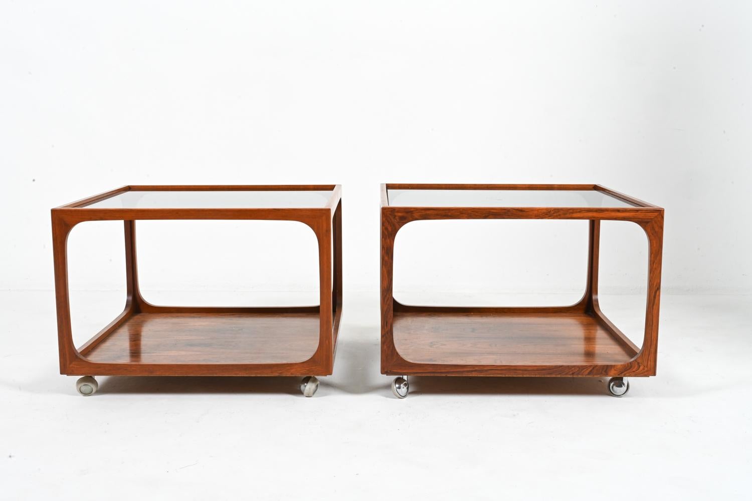Mid-Century Modern Rare Pair of Rosewood & Smoked Glass Cube End Tables Attributed to Wilhelm Renz For Sale