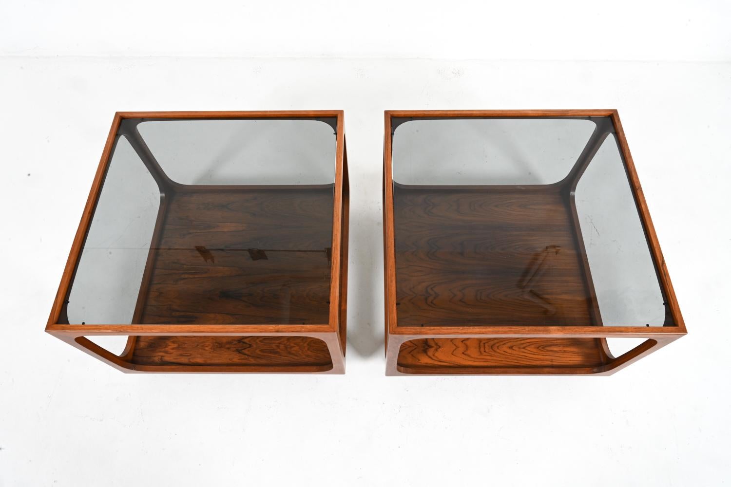 Rare Pair of Rosewood & Smoked Glass Cube End Tables Attributed to Wilhelm Renz In Good Condition For Sale In Norwalk, CT