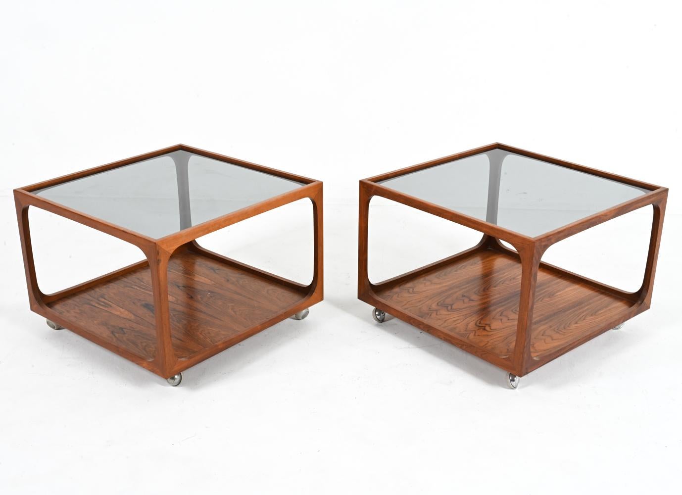 Rare Pair of Rosewood & Smoked Glass Cube End Tables Attributed to Wilhelm Renz For Sale