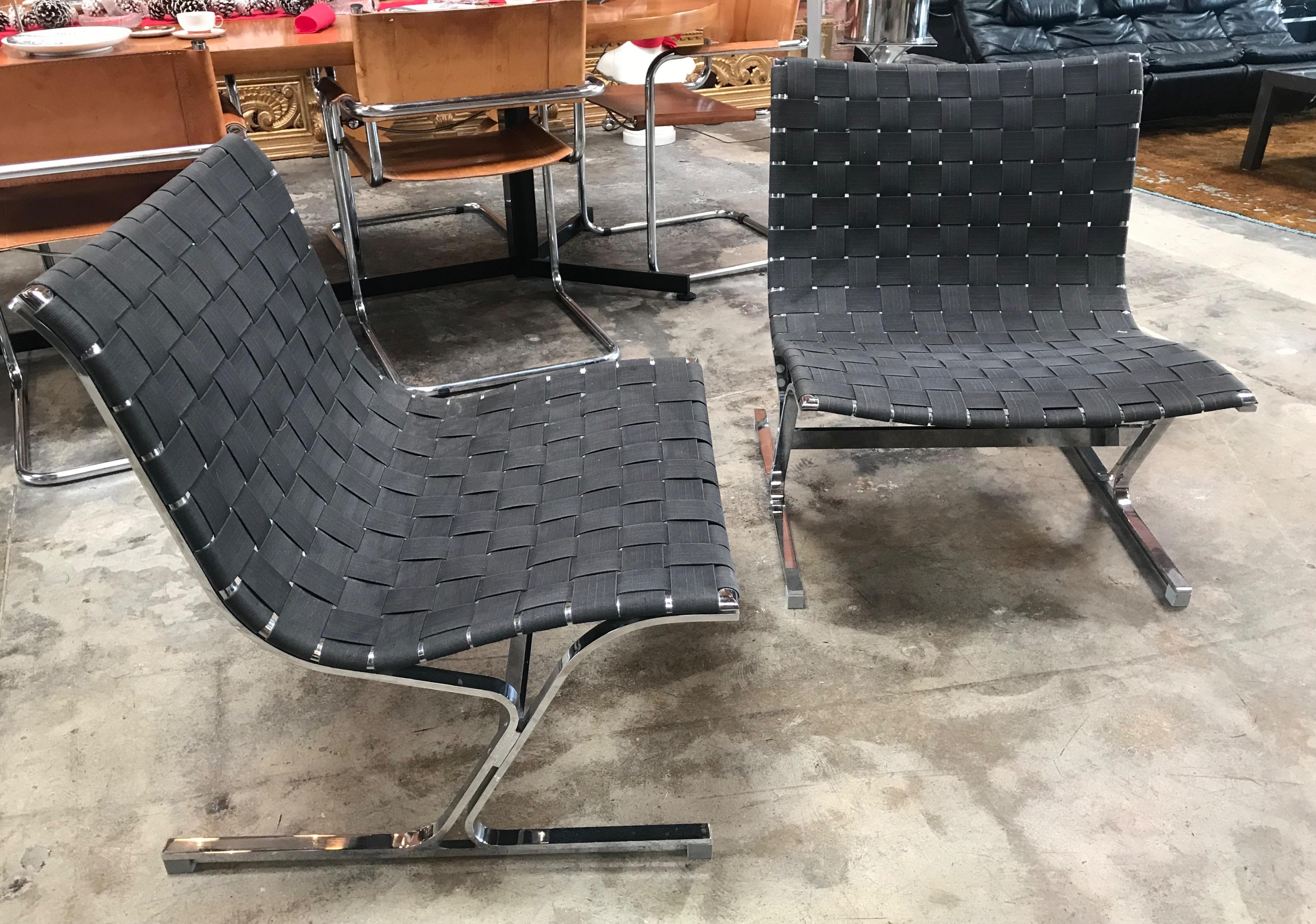 Rare pair of Ross Littel Luar lounge chairs for ICF De Padova (Italy, 1965) with wonderful handcrafted Minimalist style heavy solid steel legs finished in nickel plate.

 