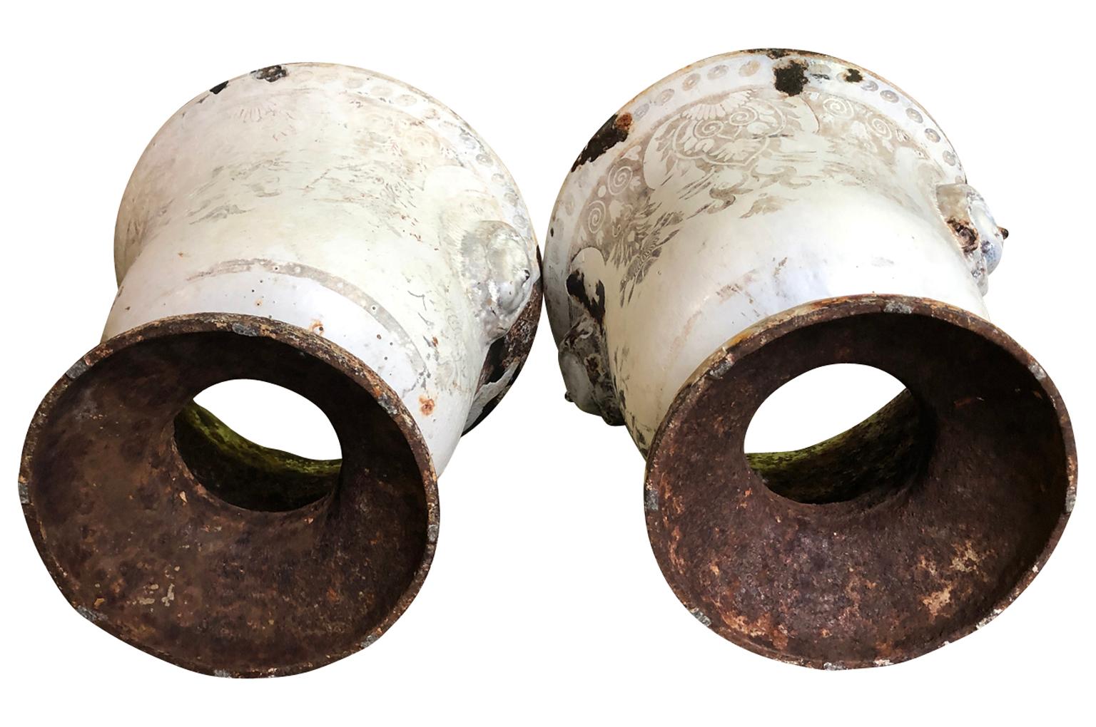 Rare Pair of Rouen Enamel Cast Iron Urns In Good Condition For Sale In Atlanta, GA