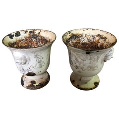 Rare Pair of Rouen Enamel Cast Iron Urns