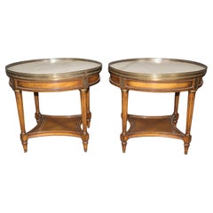 Rare Pair of Round Marble Top French Directoire Gueridons End Tables Circa 1950