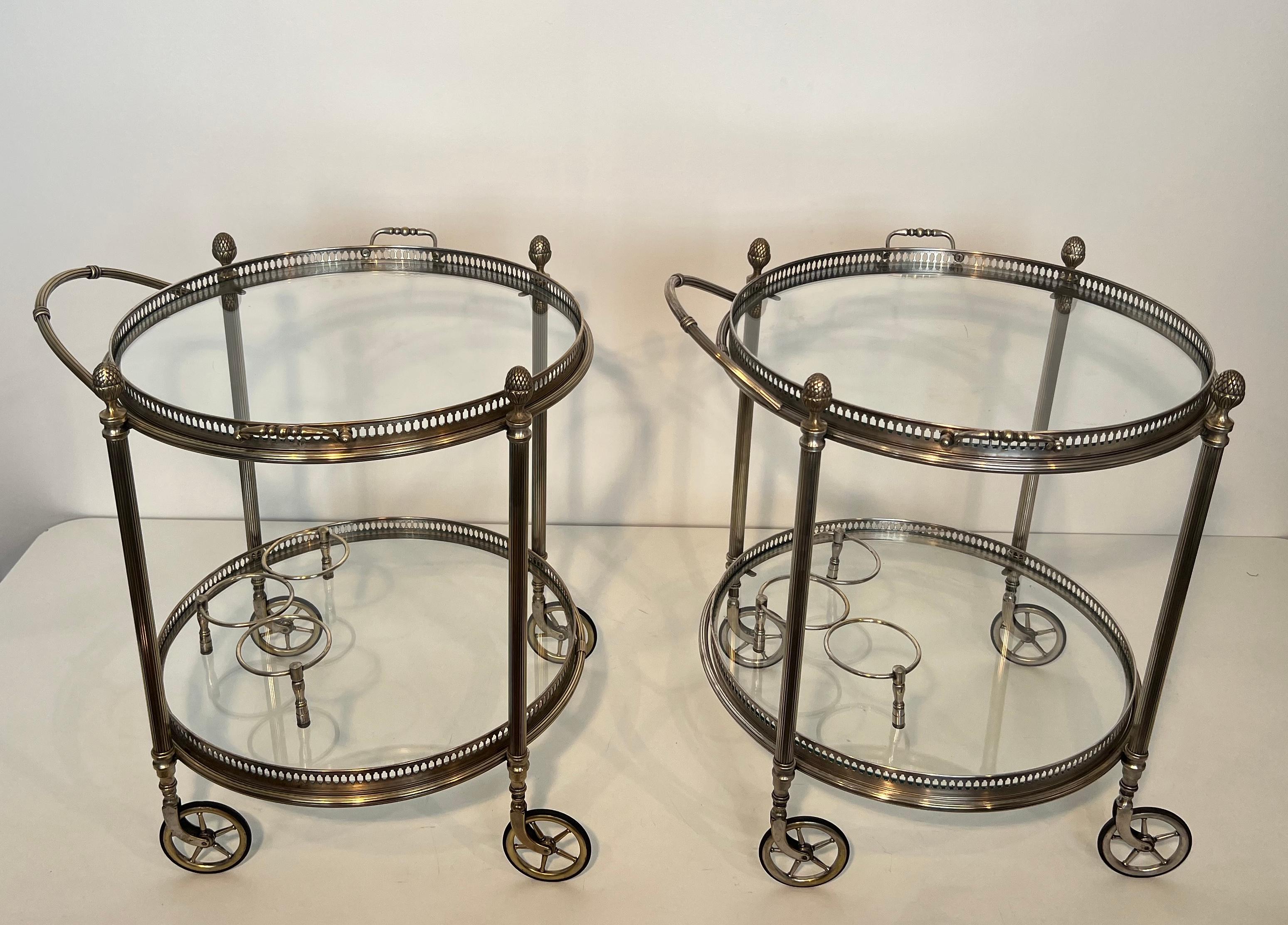 Rare Pair of Round Silvered Brass Drinks Trolley by Maison Bagués 6