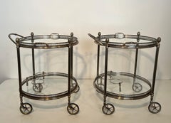 Rare Pair of Round Silvered Brass Drinks Trolley by Maison Bagués