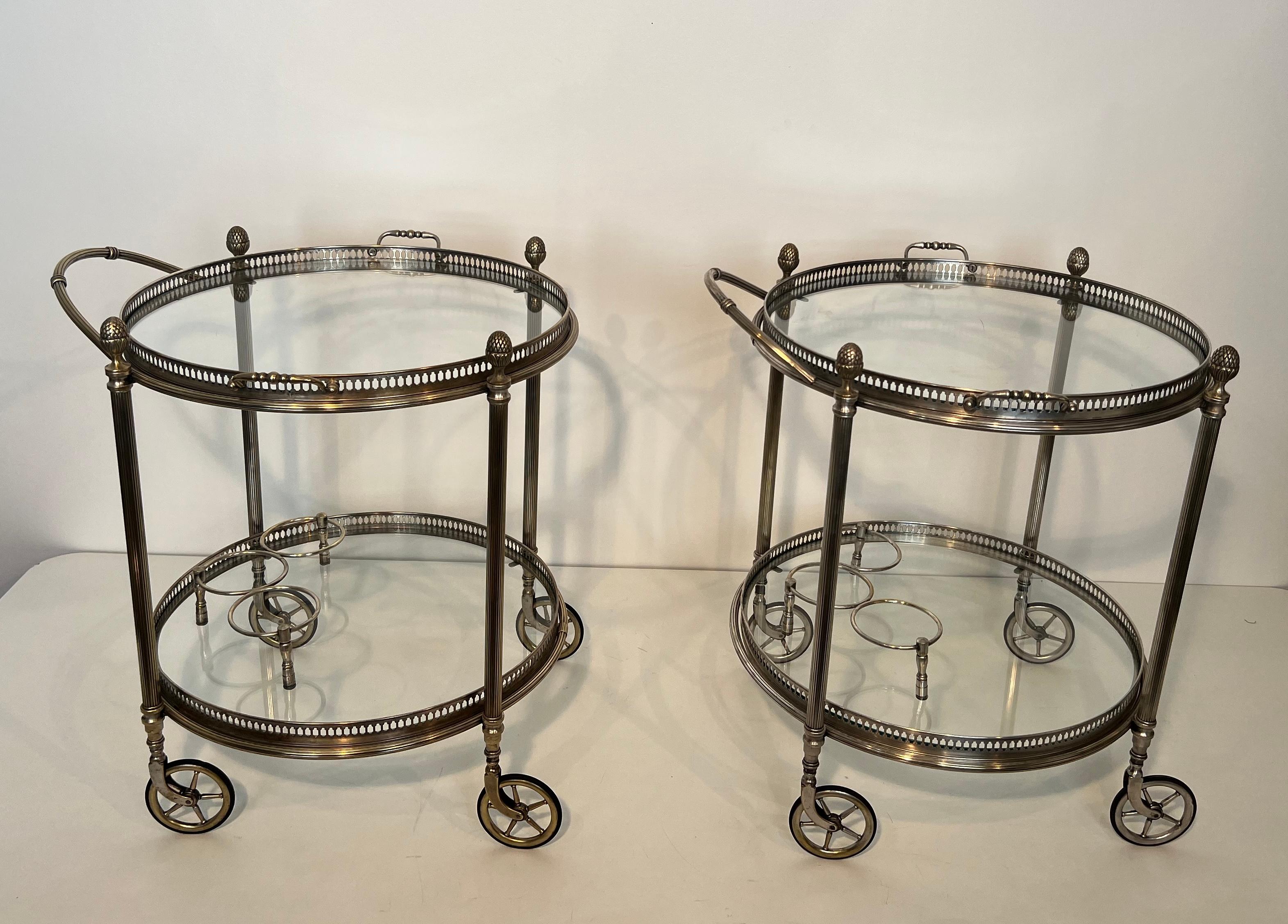 Rare Pair of Round Silvered Brass Drinks Trolley by Maison Bagués 14