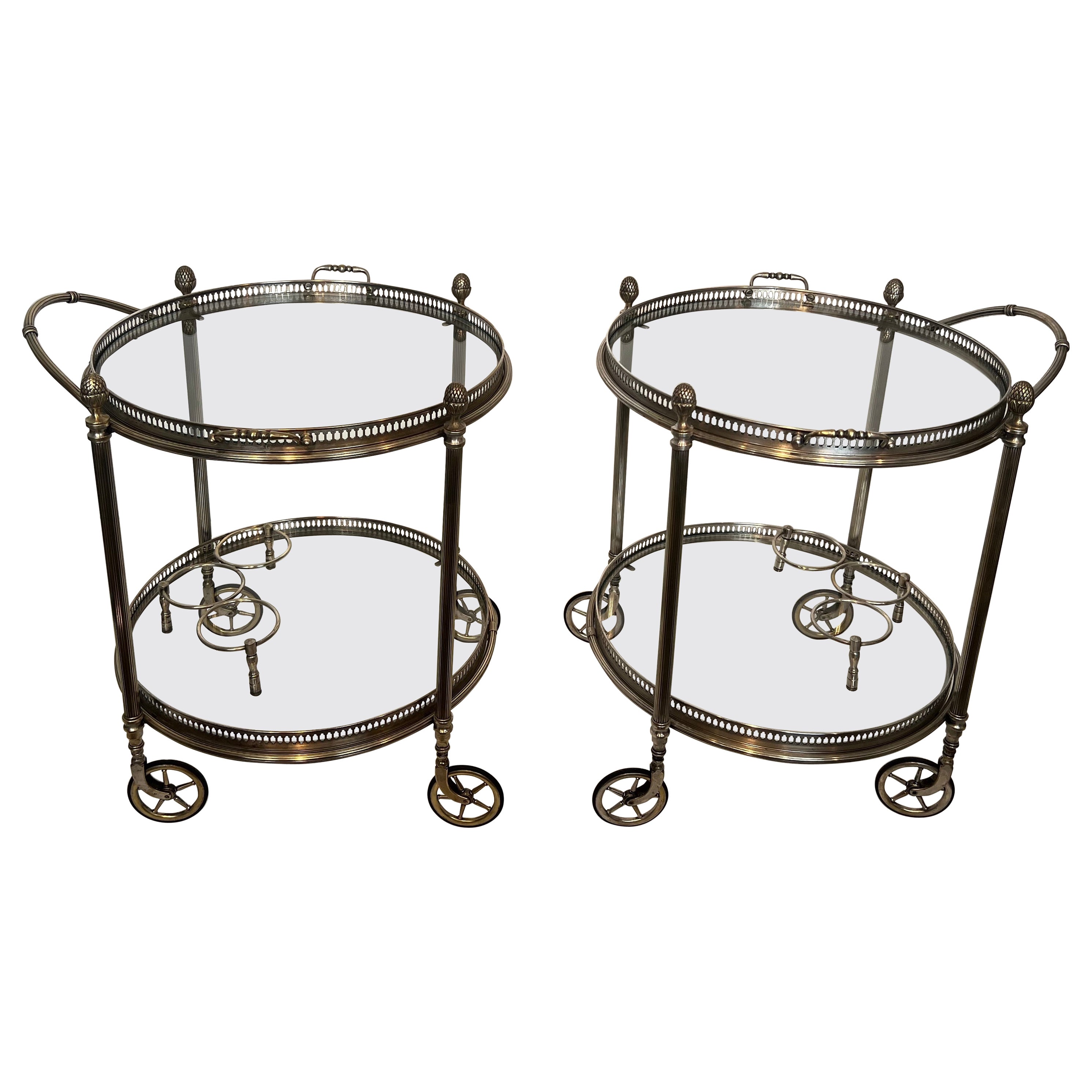 Rare Pair of Round Silvered Brass Drinks Trolley by Maison Bagués