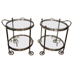 Rare Pair of Round Silvered Brass Drinks Trolley by Maison Bagués