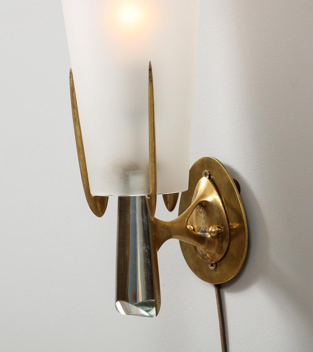 Brass, polished glass, frosted glass. A rare and elegant model. Each light has 1 x E26 socket.