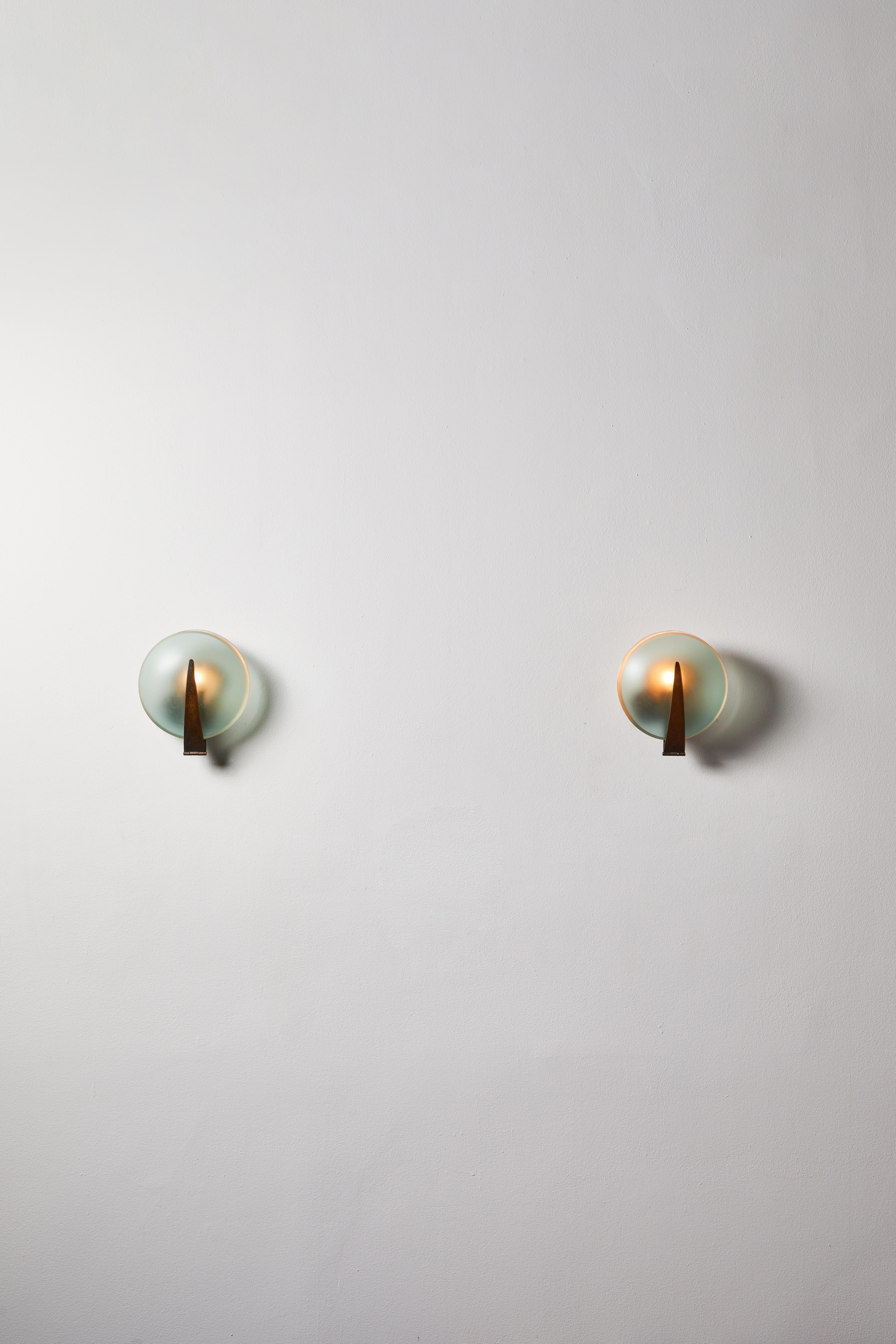 Rare Pair of Sconces by Max Ingrand for Fontana Arte. Designed and manufactured in Italy, 1960. Colored, sandblasted glass, brass. Rewired for U.S. standards. We recommend one E26 60w maximum bulbs. Bulbs provided as a one time courtesy. Literature: