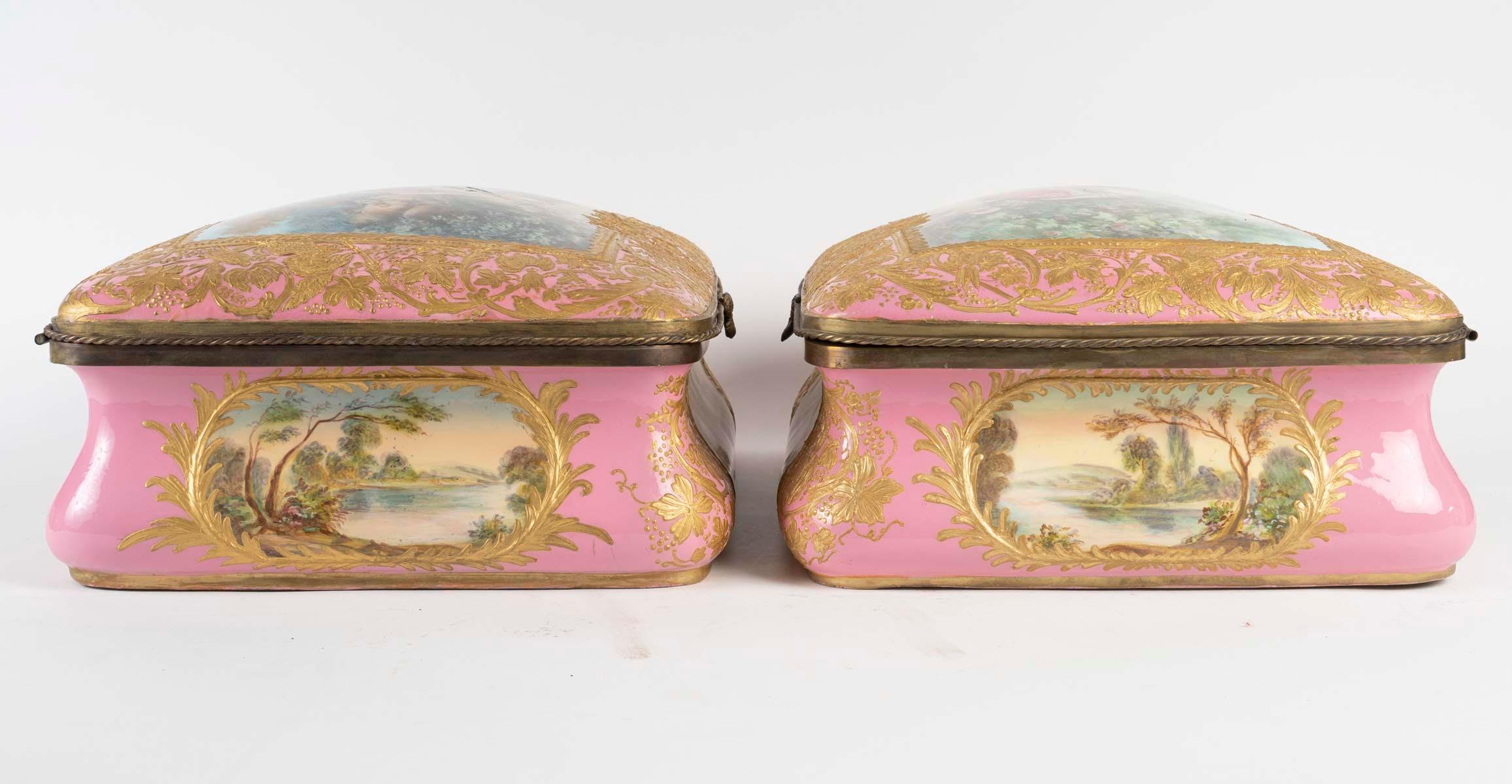 Rare Pair of Sèvres Porcelain Boxes, Brass Mounts, Napoleon III Period. For Sale 7