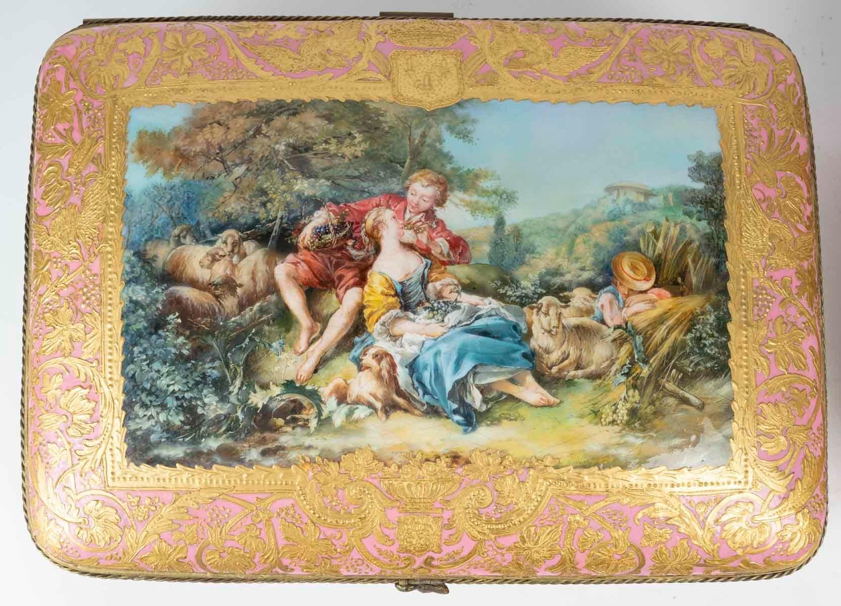 French Rare Pair of Sèvres Porcelain Boxes, Brass Mounts, Napoleon III Period. For Sale