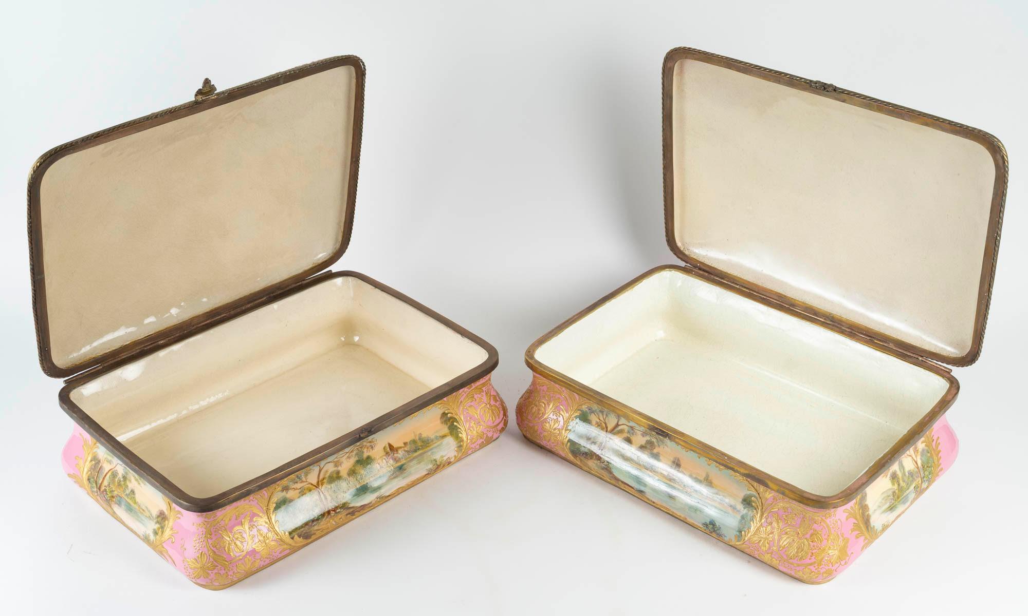 Rare Pair of Sèvres Porcelain Boxes, Brass Mounts, Napoleon III Period. For Sale 3