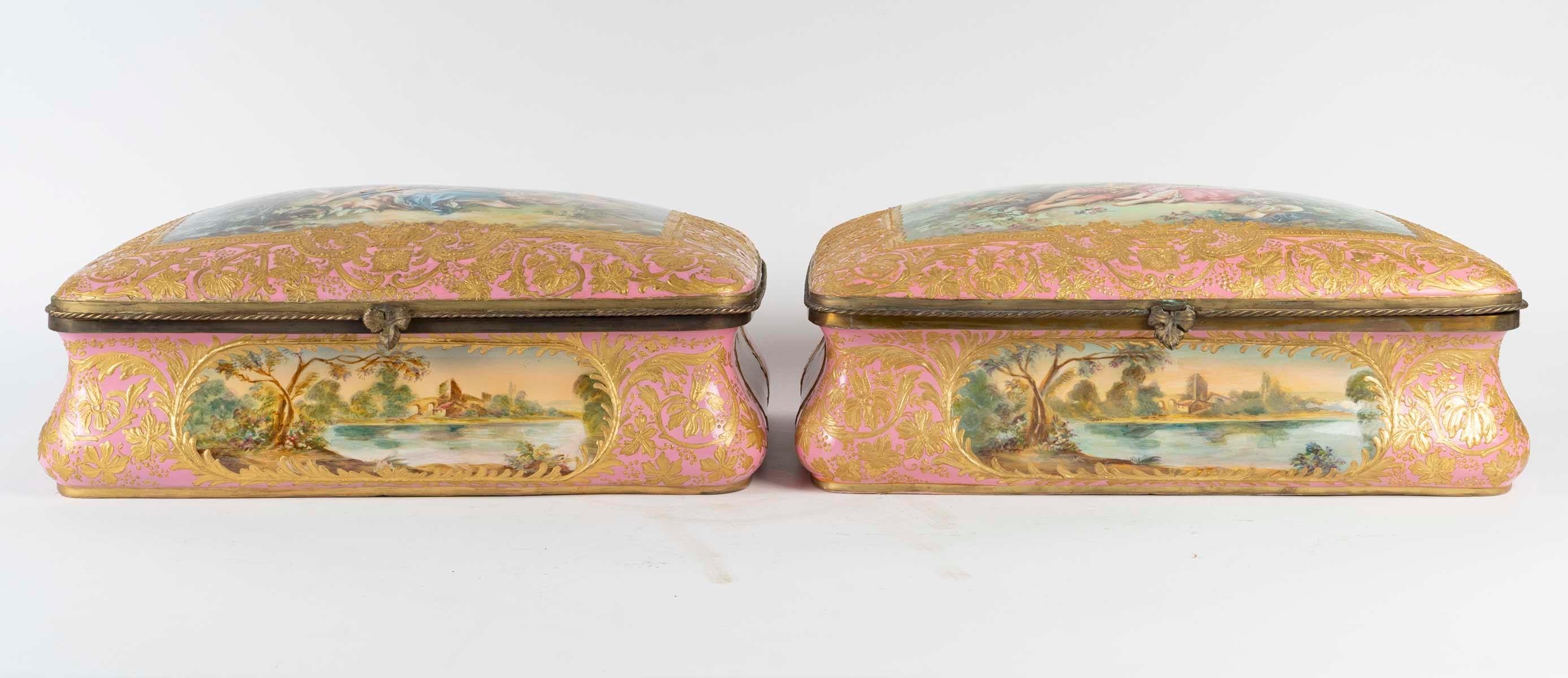 Rare Pair of Sèvres Porcelain Boxes, Brass Mounts, Napoleon III Period. For Sale 4