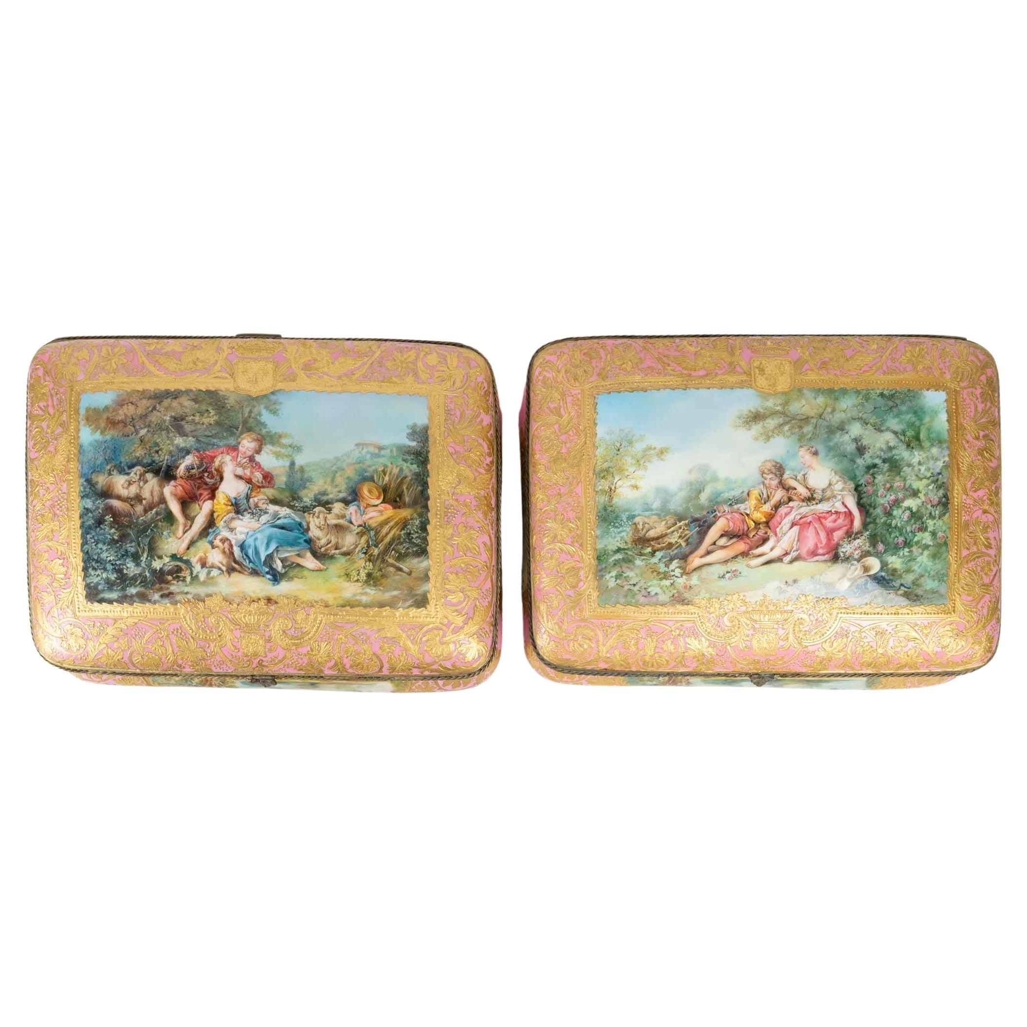 Rare Pair of Sèvres Porcelain Boxes, Brass Mounts, Napoleon III Period.