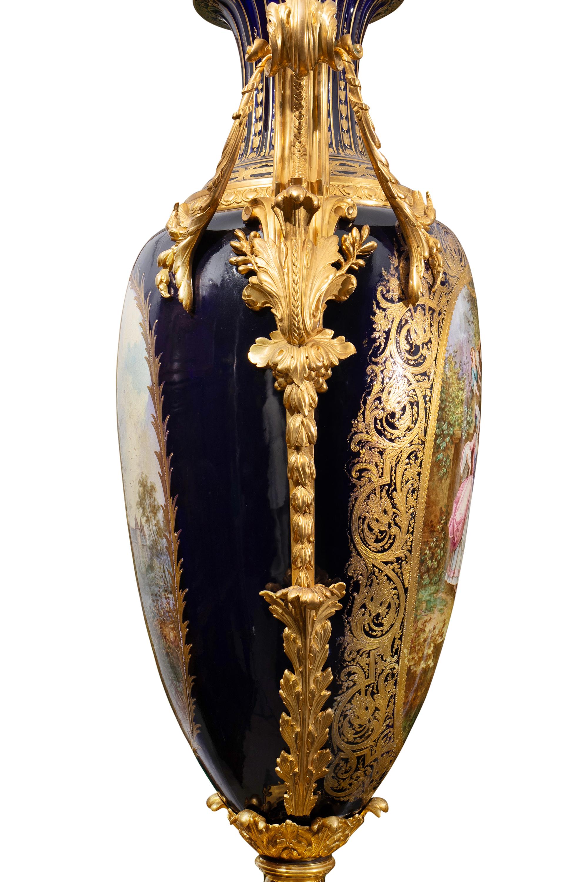 Rare Pair of Sevres Style Palace Size Gilt Bronze Mounted Vases For Sale 4