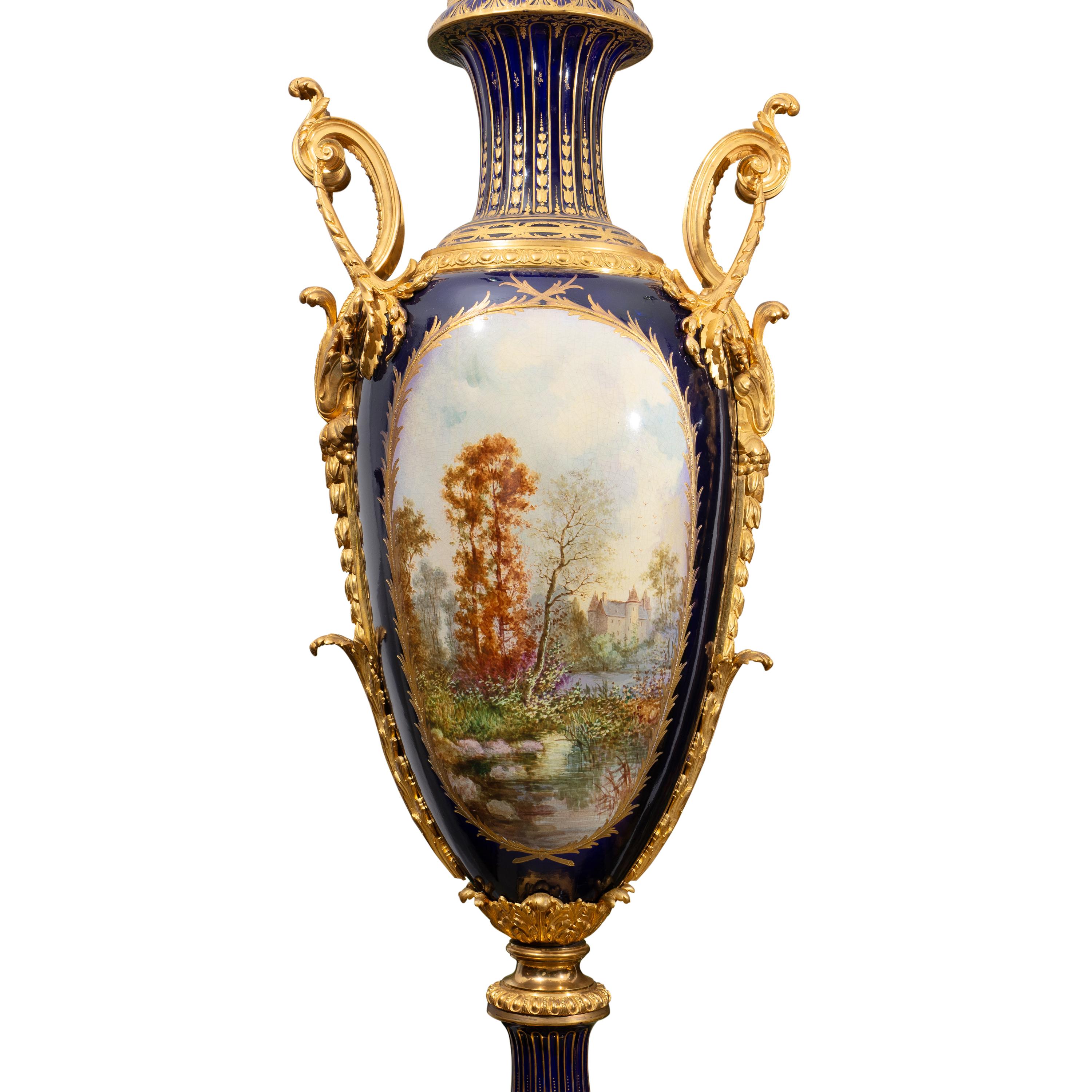 Rare Pair of Sevres Style Palace Size Gilt Bronze Mounted Vases For Sale 9