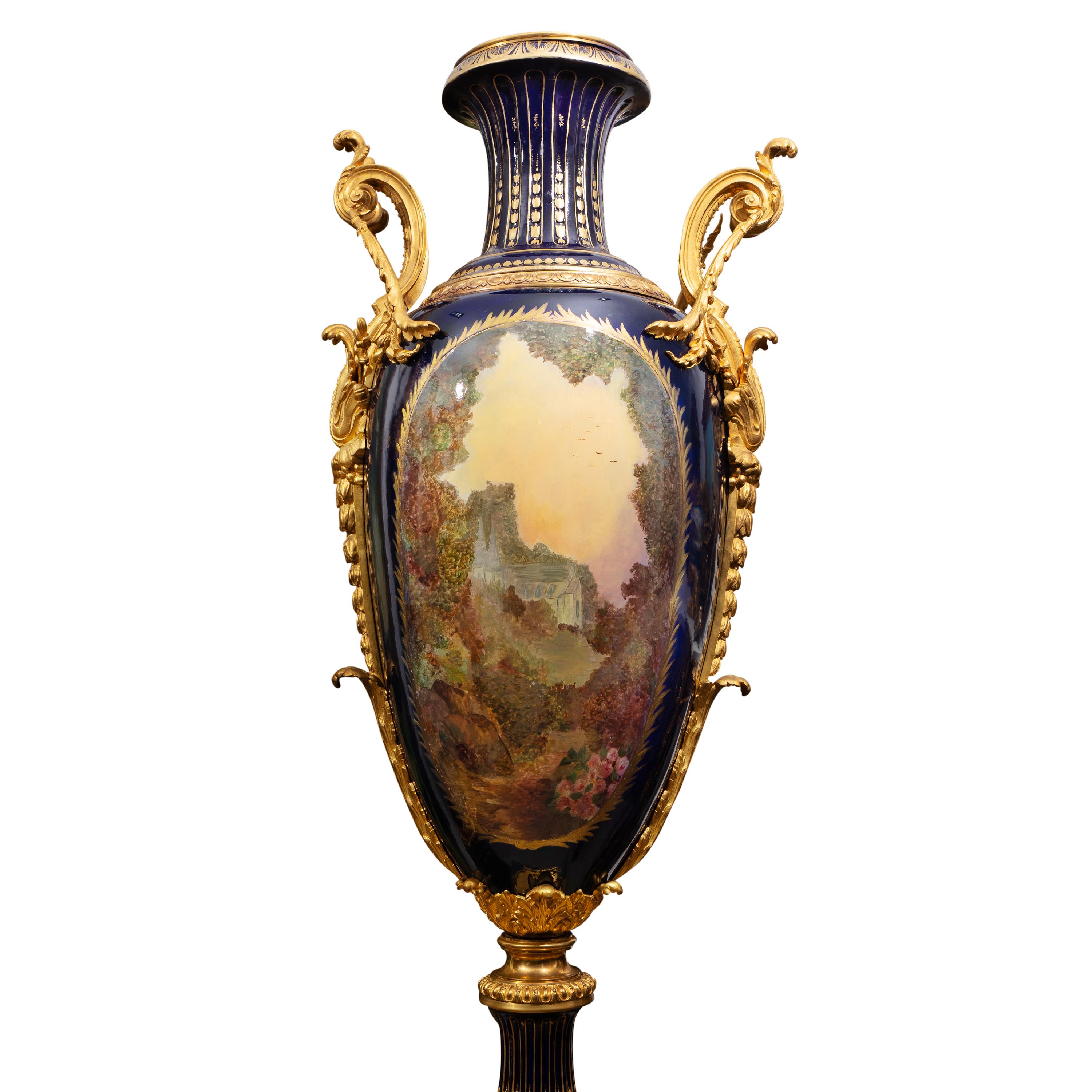 Rare Pair of Sevres Style Palace Size Gilt Bronze Mounted Vases For Sale 10