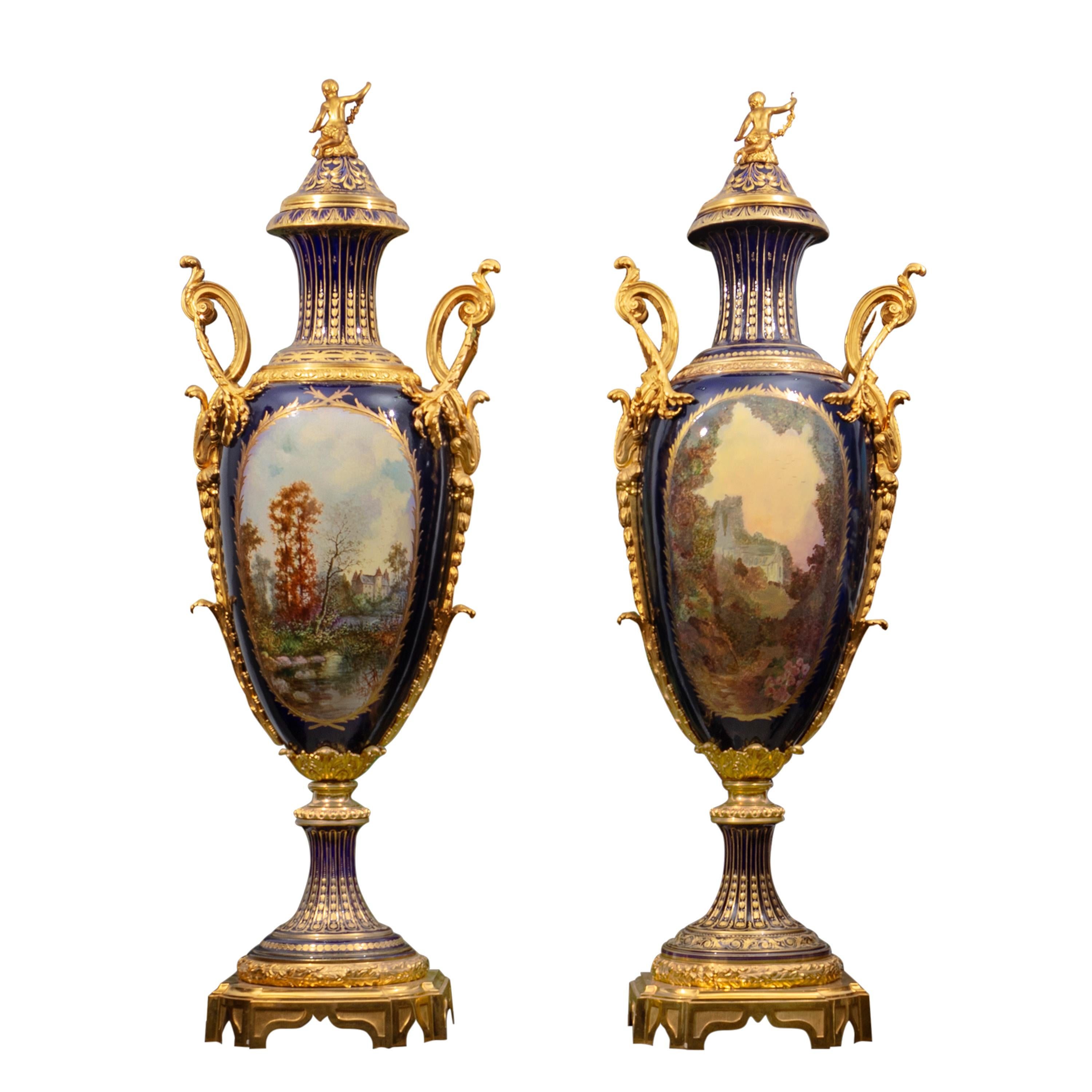 Louis XV Rare Pair of Sevres Style Palace Size Gilt Bronze Mounted Vases For Sale