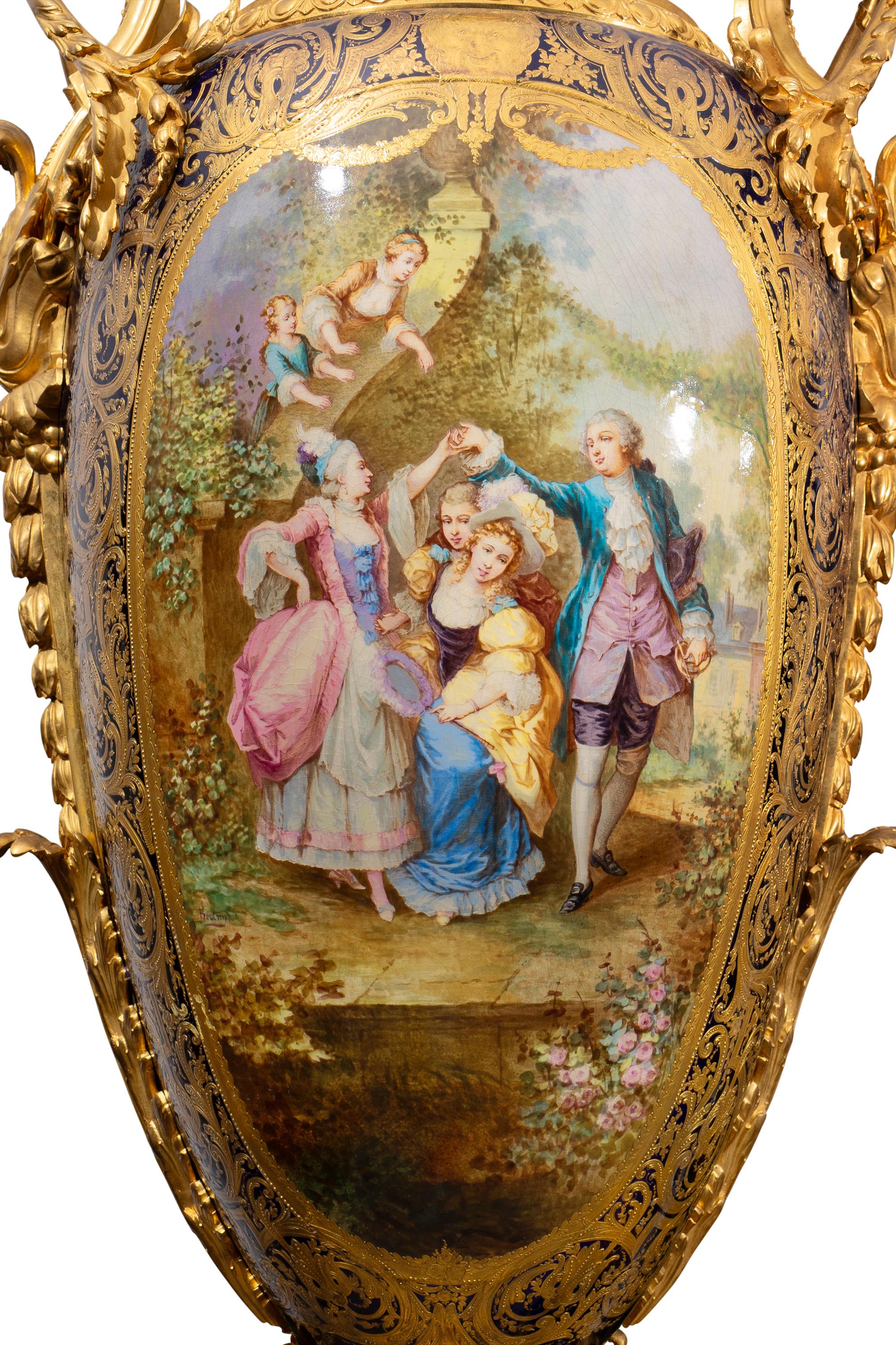 Hand-Painted Rare Pair of Sevres Style Palace Size Gilt Bronze Mounted Vases For Sale