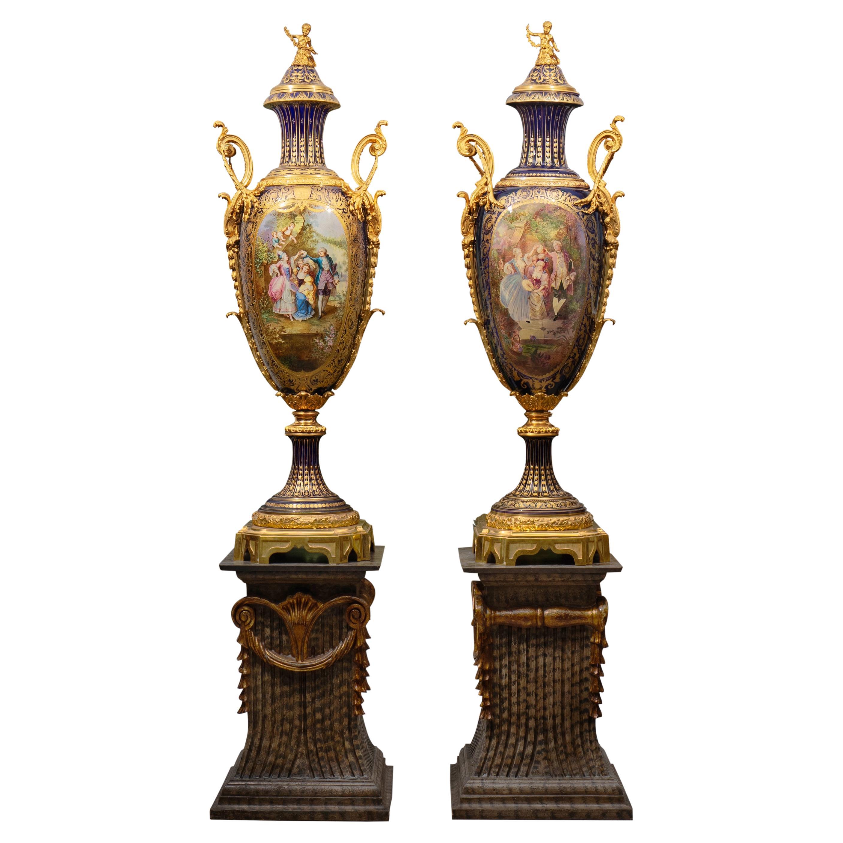 Rare Pair of Sevres Style Palace Size Gilt Bronze Mounted Vases For Sale