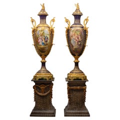 Rare Pair of Sevres Style Palace Size Gilt Bronze Mounted Vases