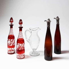 Rare Pair of Silver Mounted 19th Century Colored Glass Serving Bottles Carafes