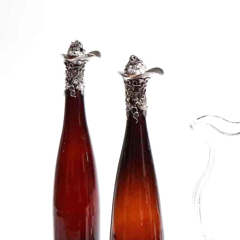 English Rare Pair of Silver Mounted 19th Century Colored Glass Serving Bottles Carafes For Sale
