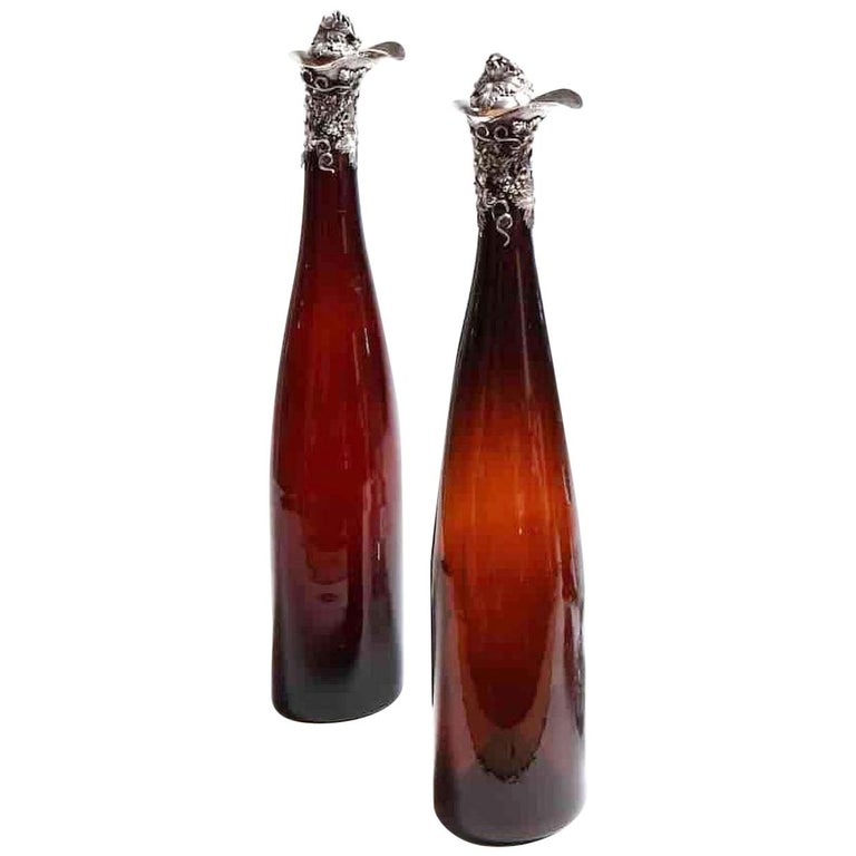 Rare Pair of Silver Mounted 19th Century Colored Glass Serving Bottles Carafes For Sale