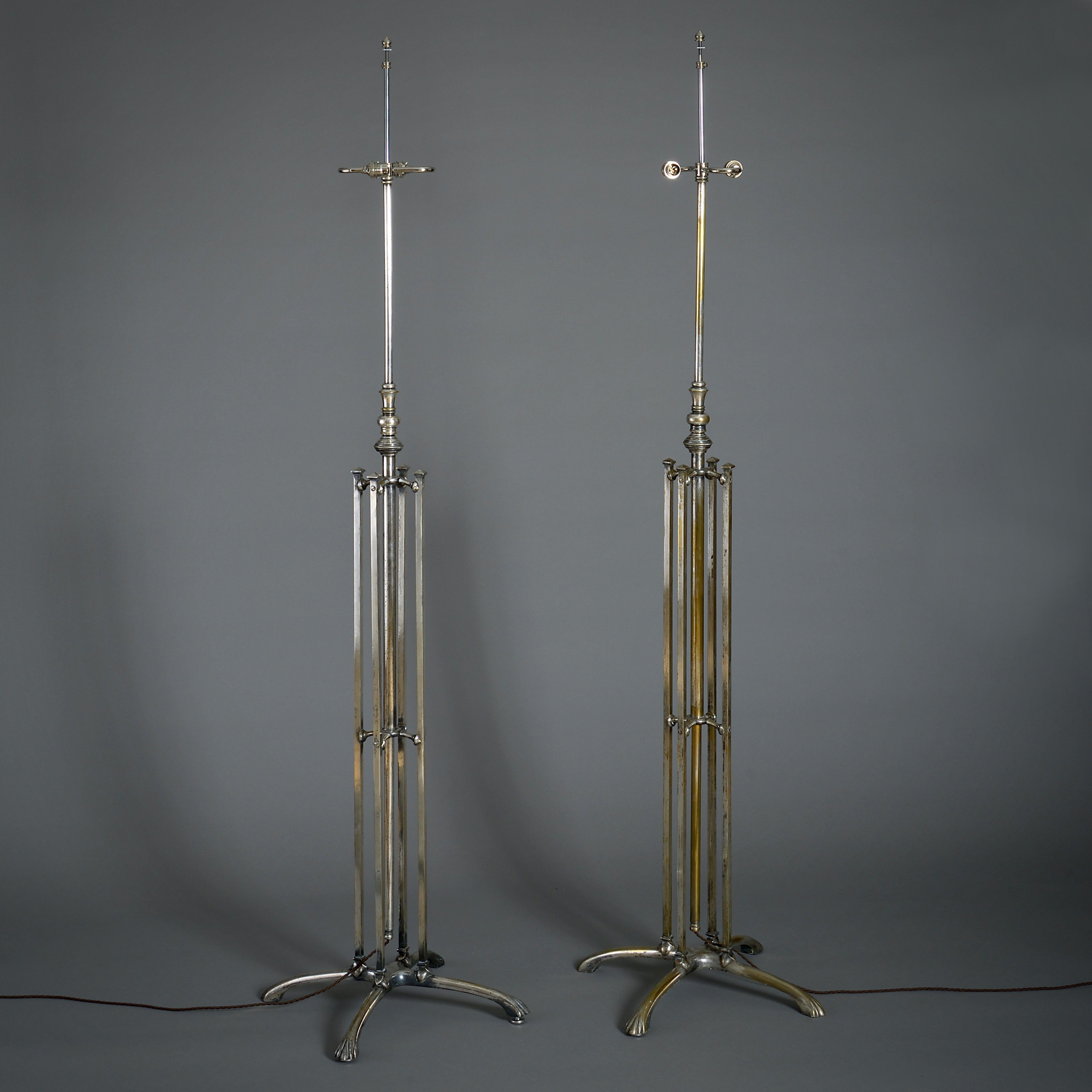 Rare Pair of Silvered Brass Standard Lamps by W.A.S. Benson For Sale 6