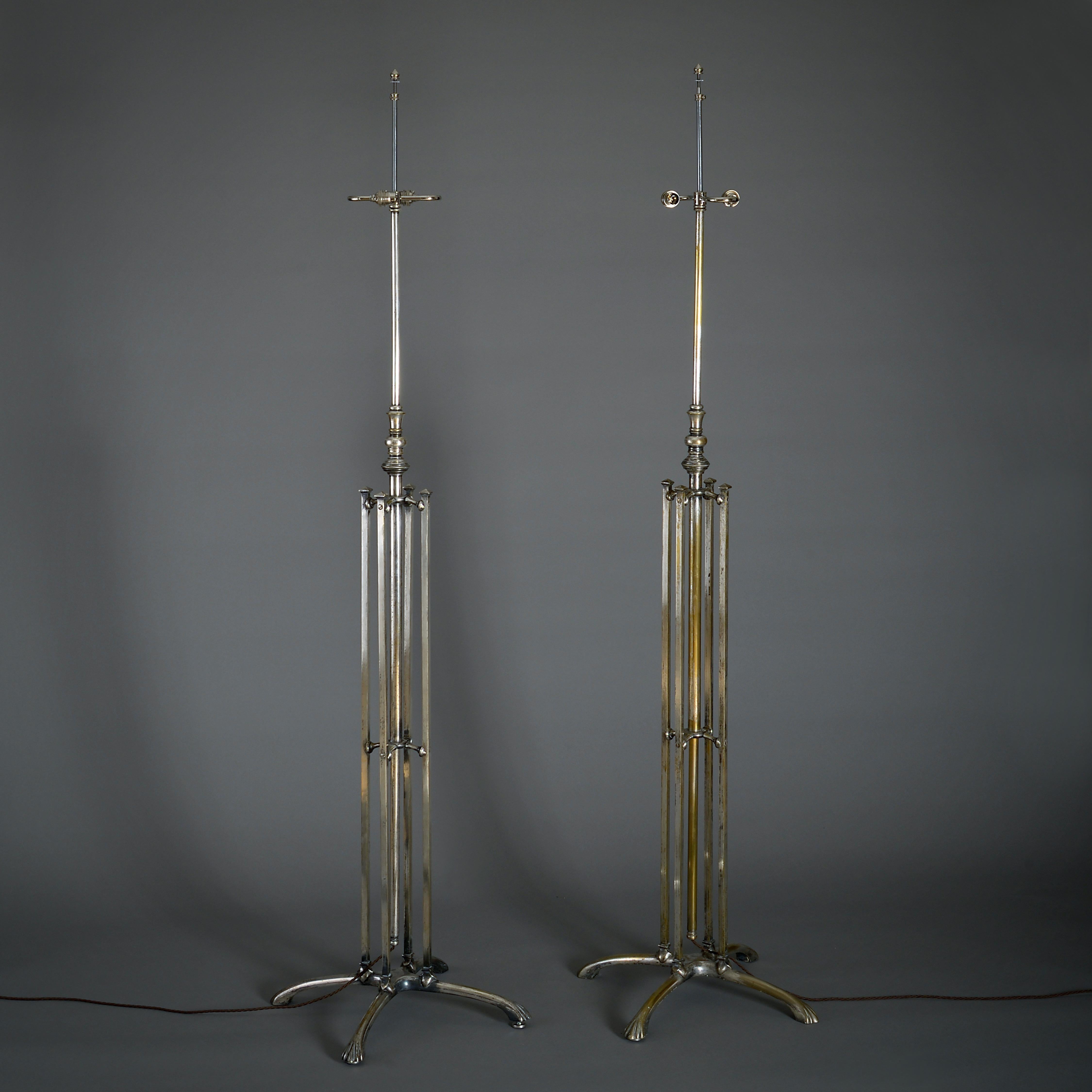 Rare Pair of Silvered Brass Standard Lamps by W.A.S. Benson For Sale 4