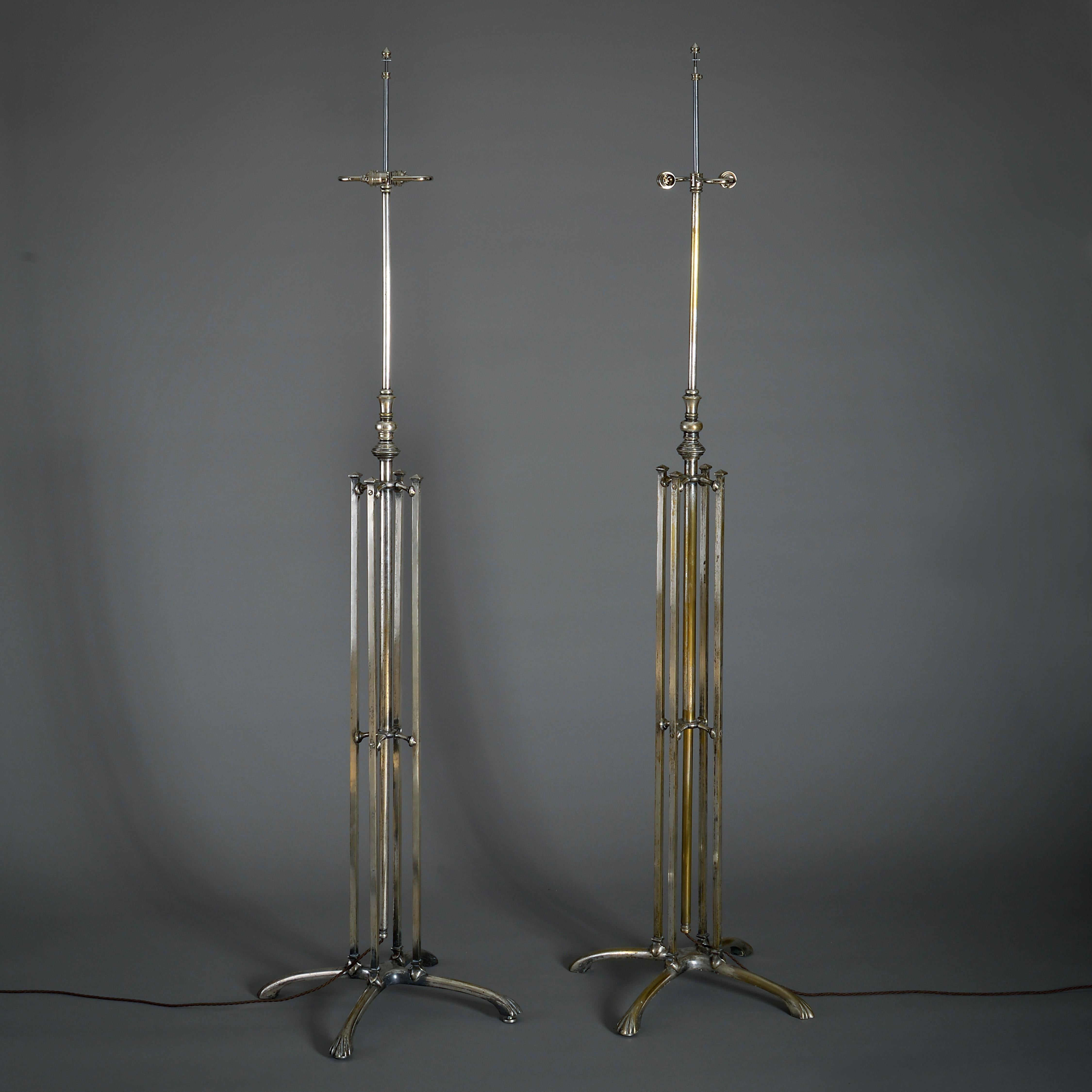 Rare Pair of Silvered Brass Standard Lamps by W.A.S. Benson For Sale 5