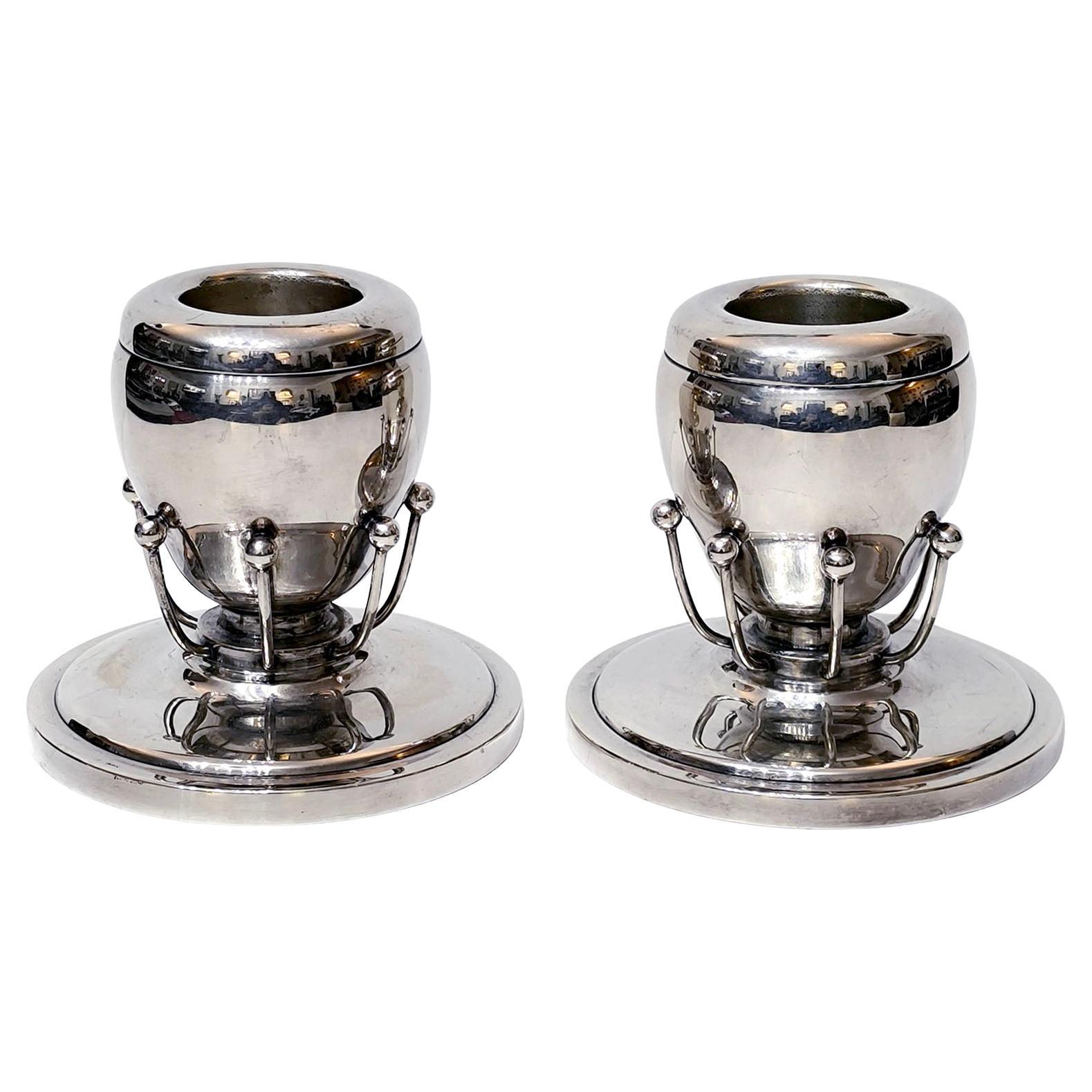 Rare Pair of Silverplate Candle Holders in the Style of Georg Jensen