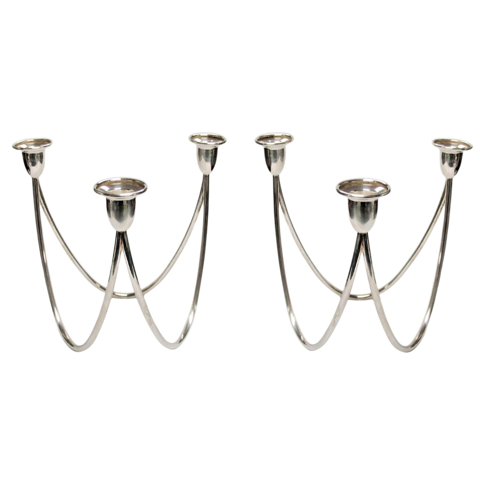 Rare Pair of Silver‑Plated Italian 3 Lights Candle Holders by Calegaro, Italy