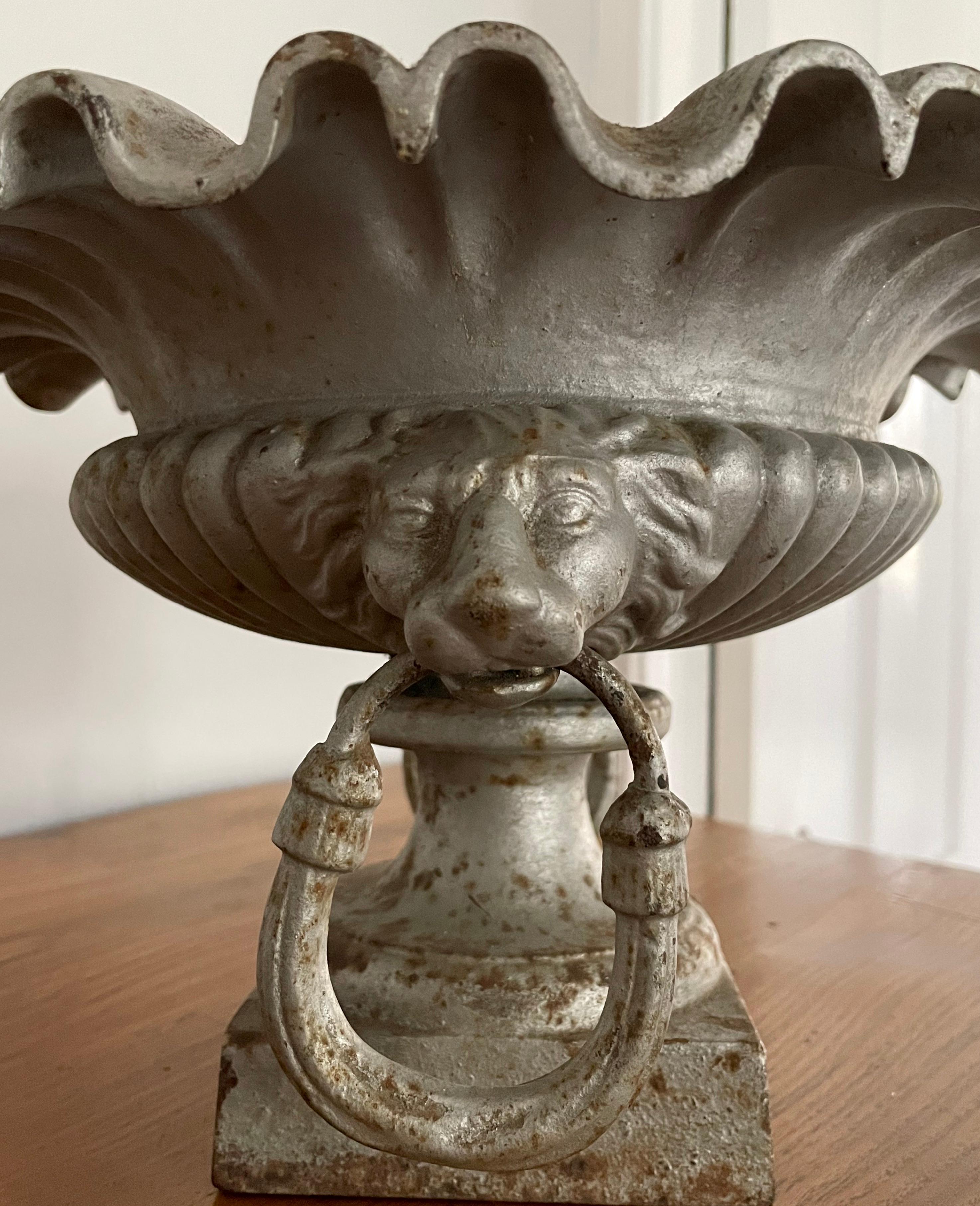 Rare Pair of Small French 19th C Cast Iron Urns with Lion Heads and Ruffled Rims For Sale 5