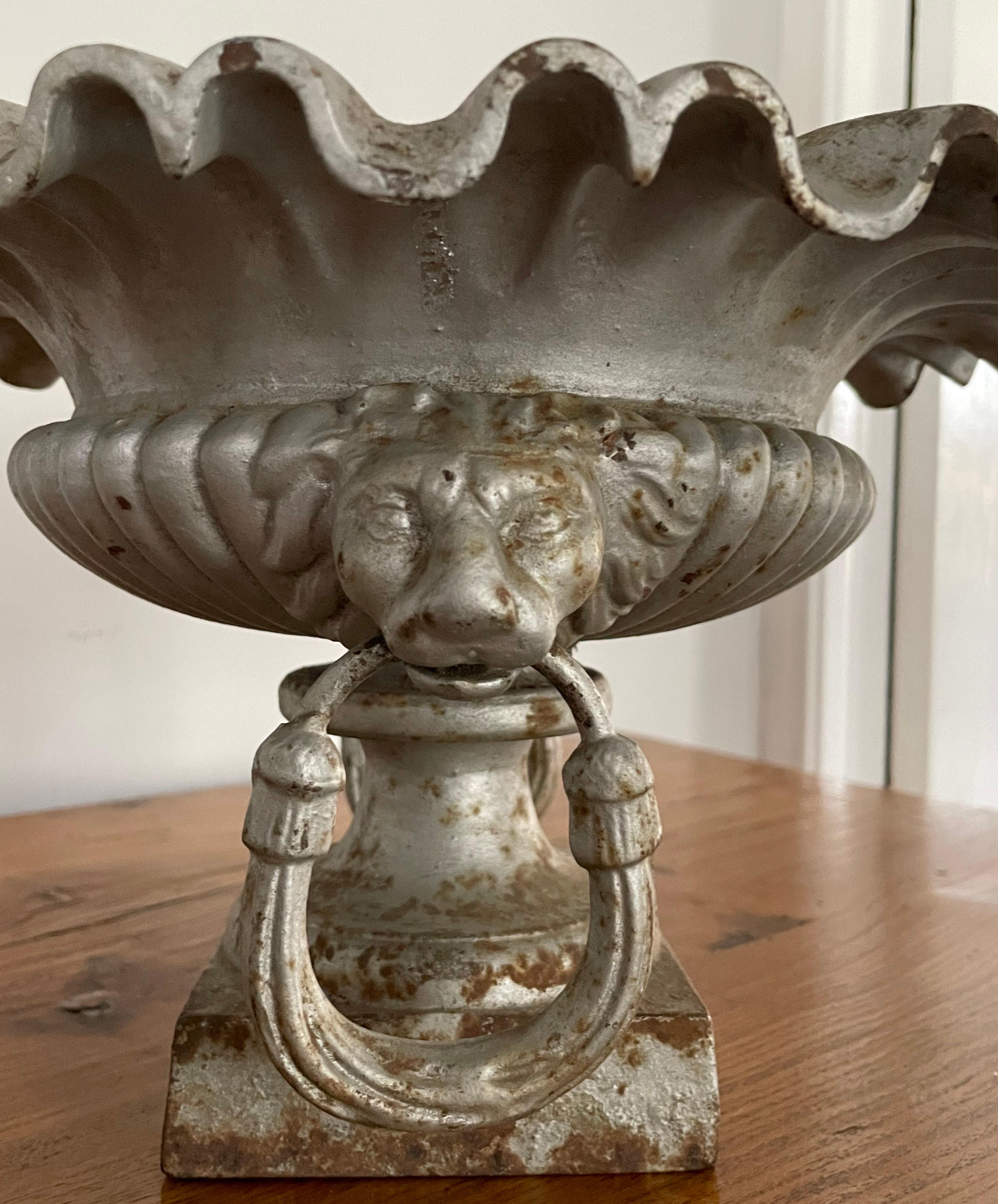 Rare Pair of Small French 19th C Cast Iron Urns with Lion Heads and Ruffled Rims For Sale 7