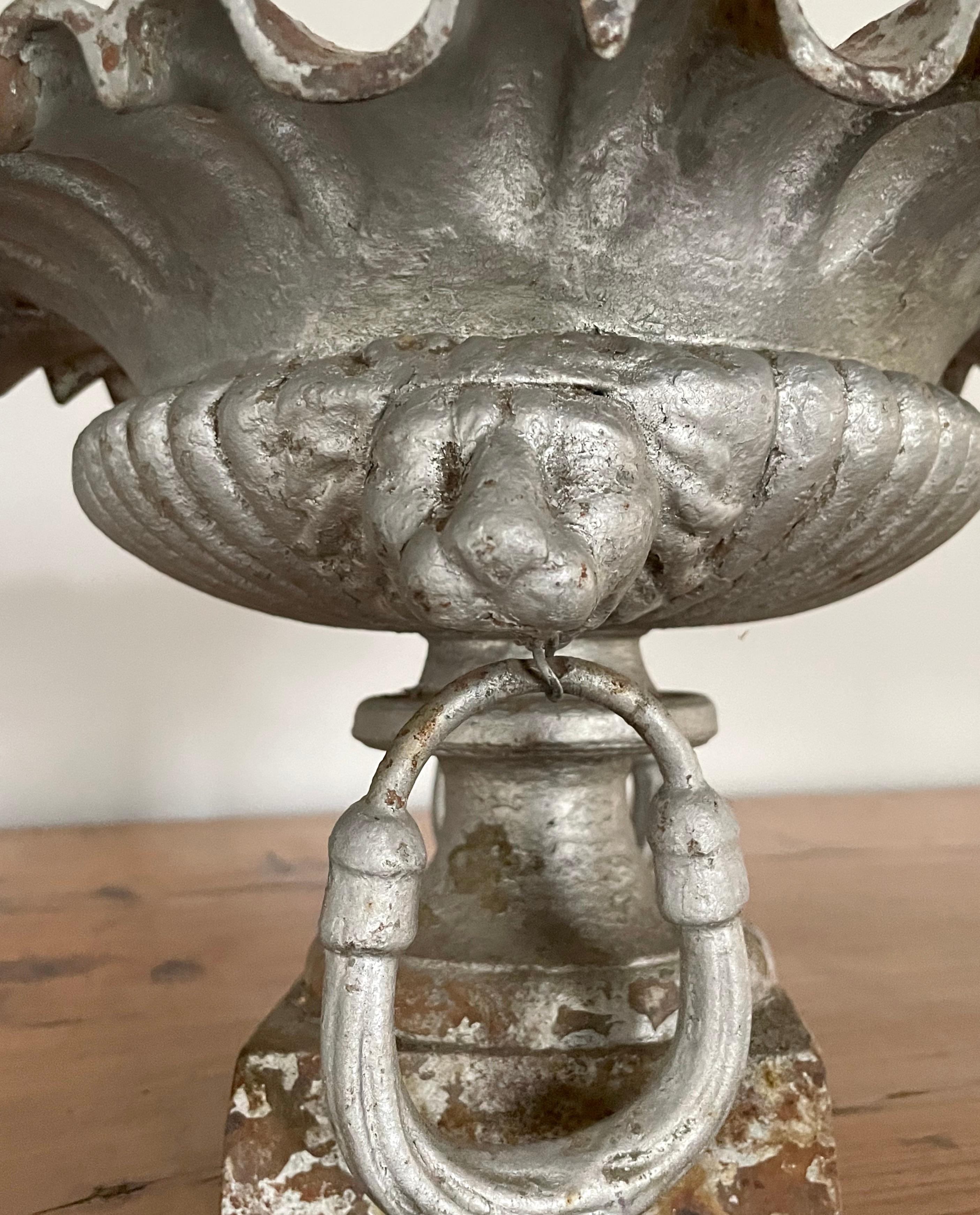 Rare Pair of Small French 19th C Cast Iron Urns with Lion Heads and Ruffled Rims For Sale 9