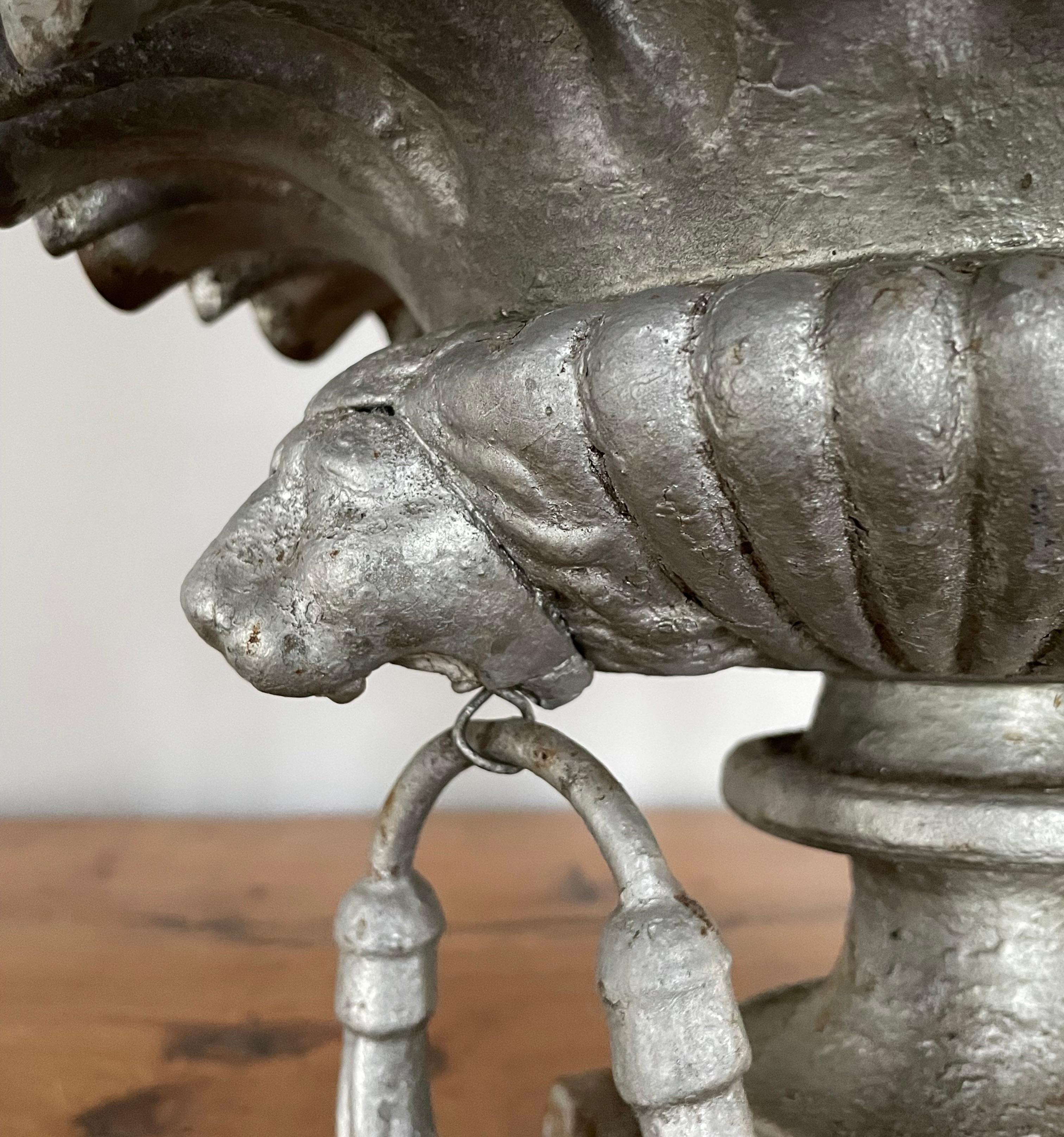 Rare Pair of Small French 19th C Cast Iron Urns with Lion Heads and Ruffled Rims For Sale 10