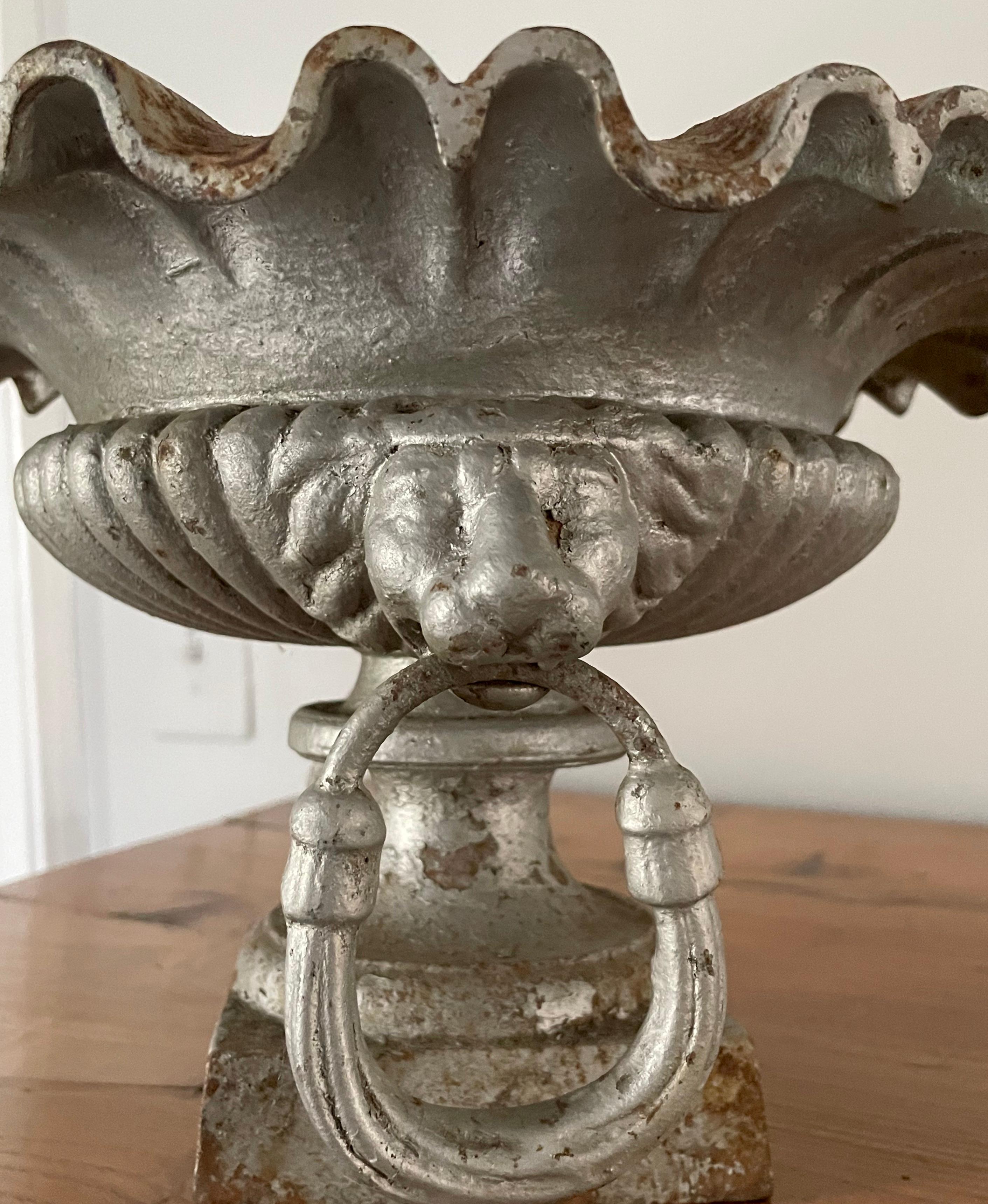 Rare Pair of Small French 19th C Cast Iron Urns with Lion Heads and Ruffled Rims For Sale 11
