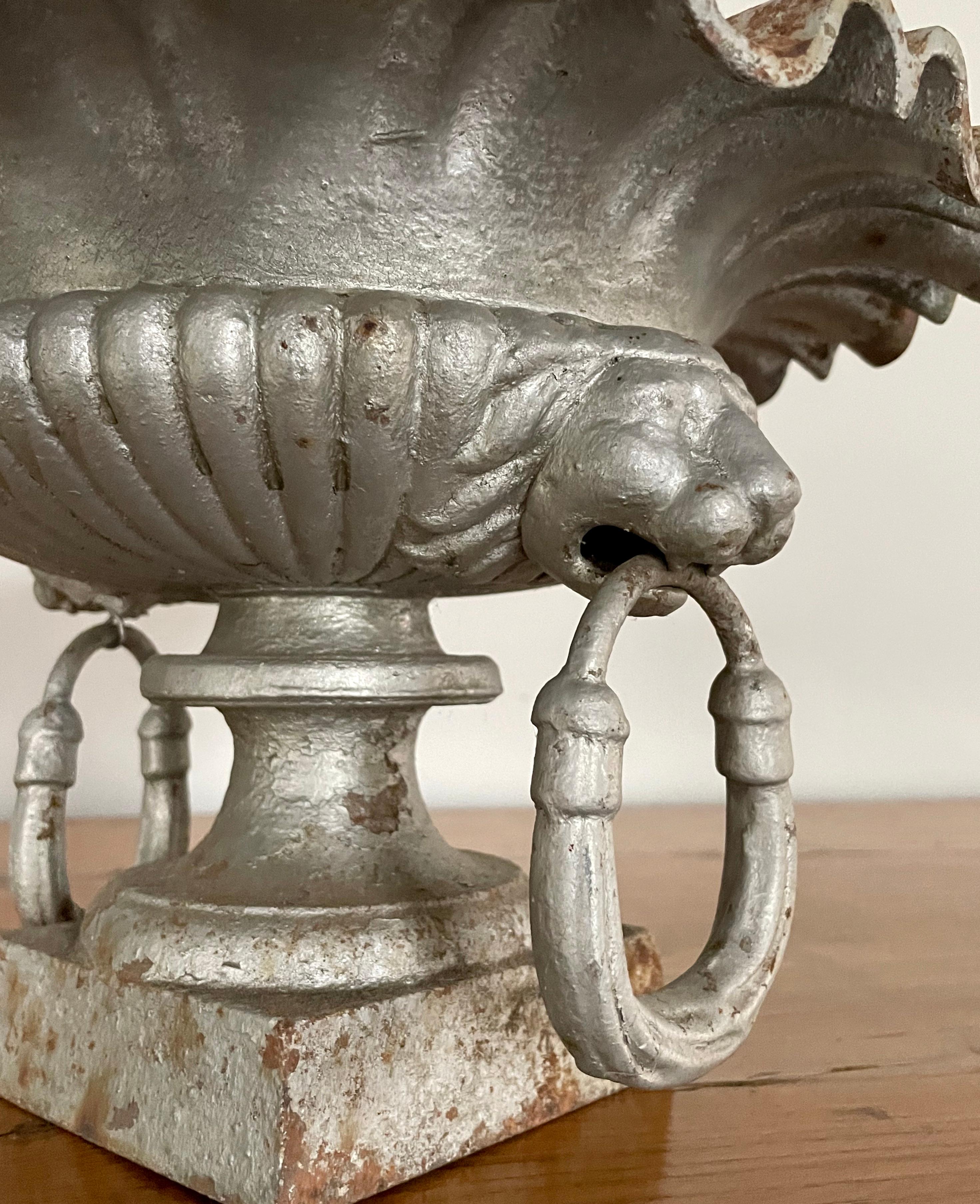 Rare Pair of Small French 19th C Cast Iron Urns with Lion Heads and Ruffled Rims For Sale 12