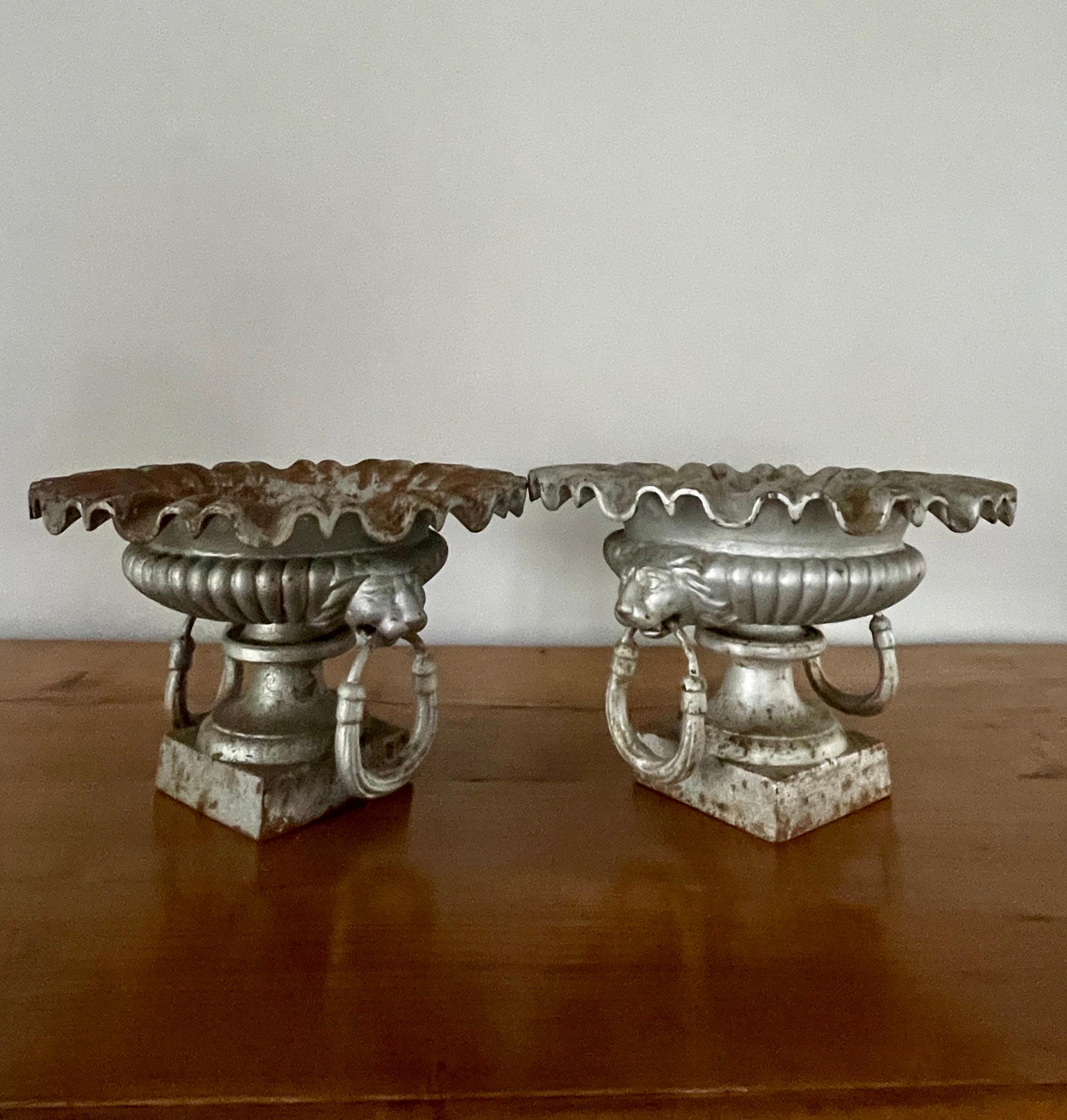 Napoleon III Rare Pair of Small French 19th C Cast Iron Urns with Lion Heads and Ruffled Rims For Sale