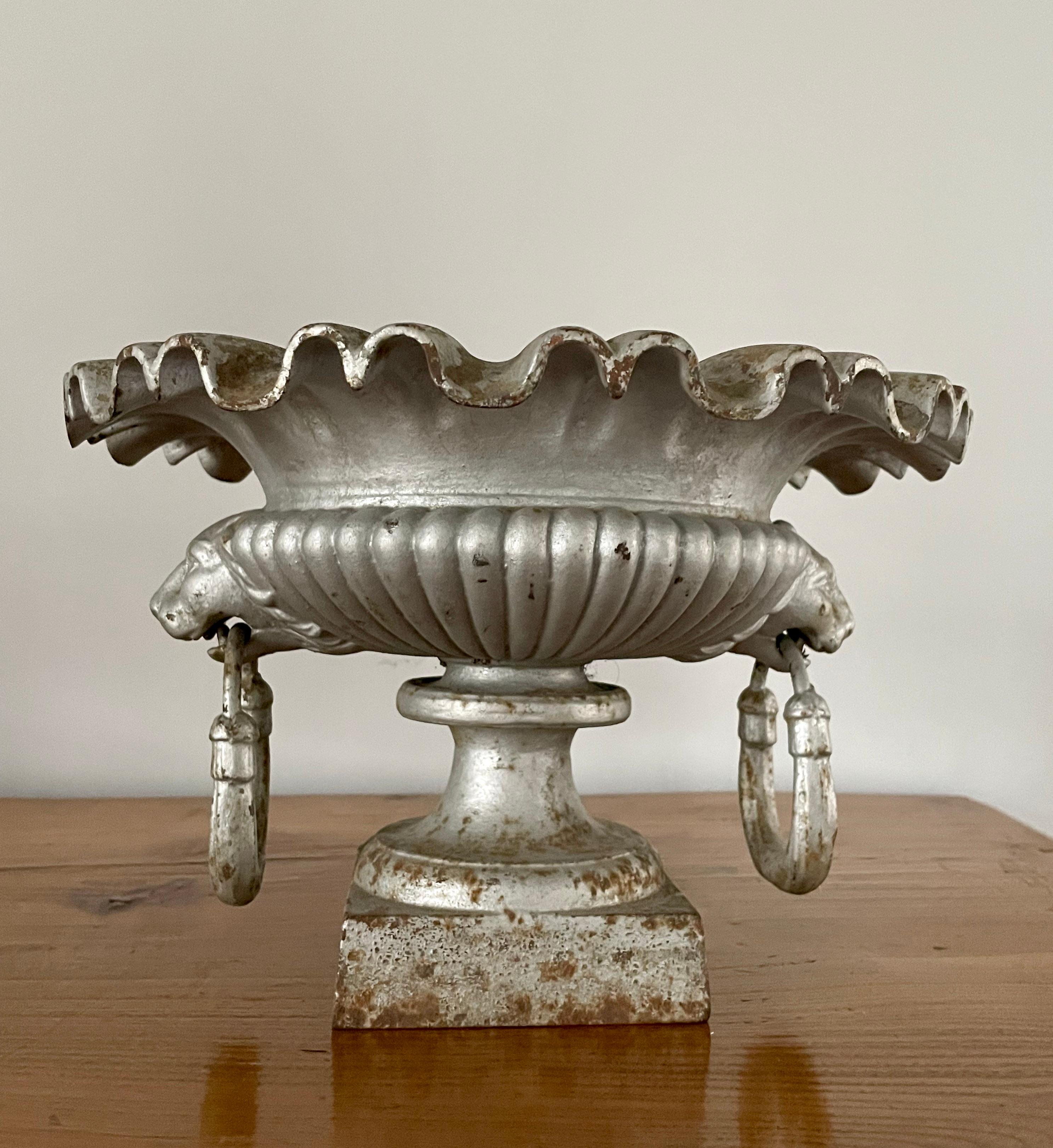 Rare Pair of Small French 19th C Cast Iron Urns with Lion Heads and Ruffled Rims For Sale 1