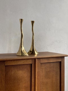 Rare Pair of solid brass Candlesticks. Rustickly cast. Denmark Mid-20th century