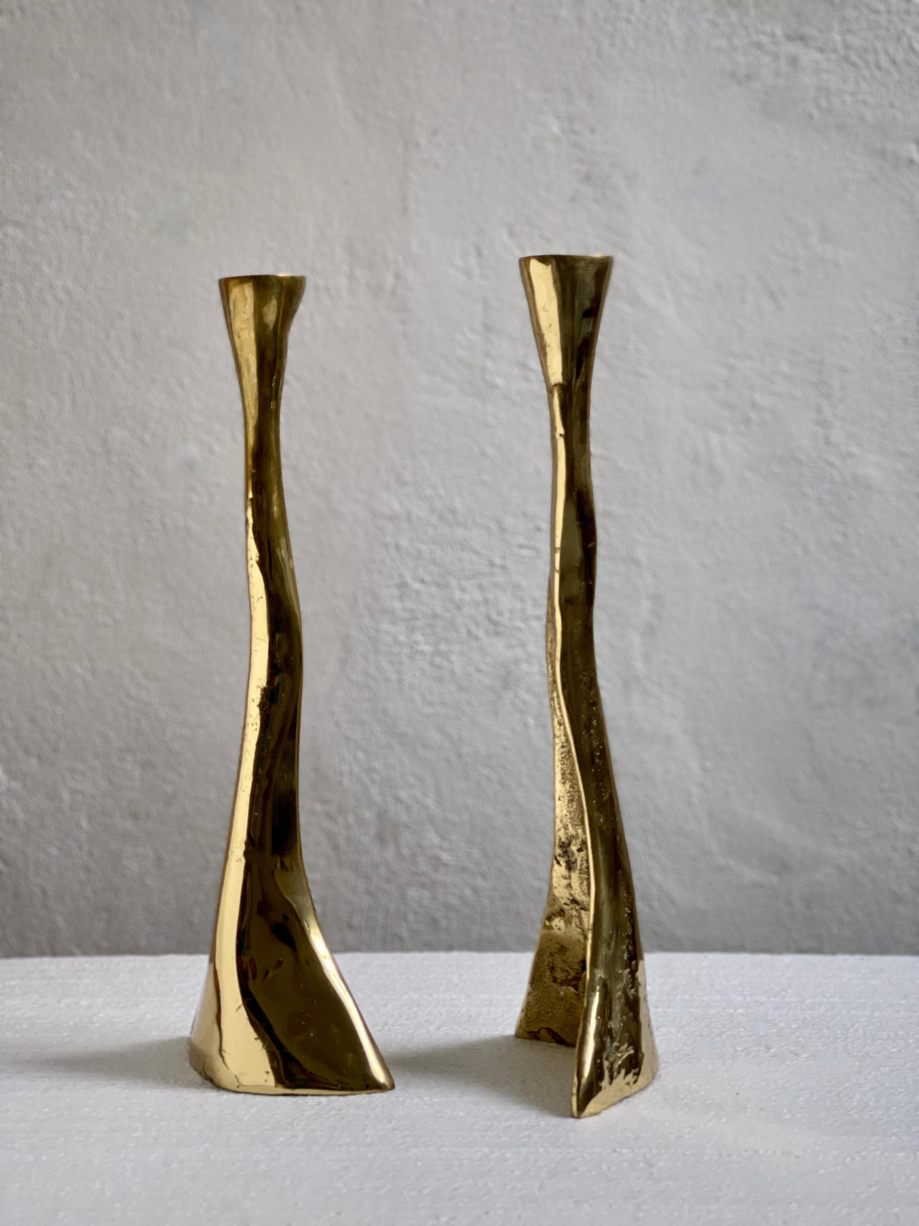 Brass Rare Pair of solid brass Candlesticks. Rustickly cast. Denmark Mid-20th century For Sale