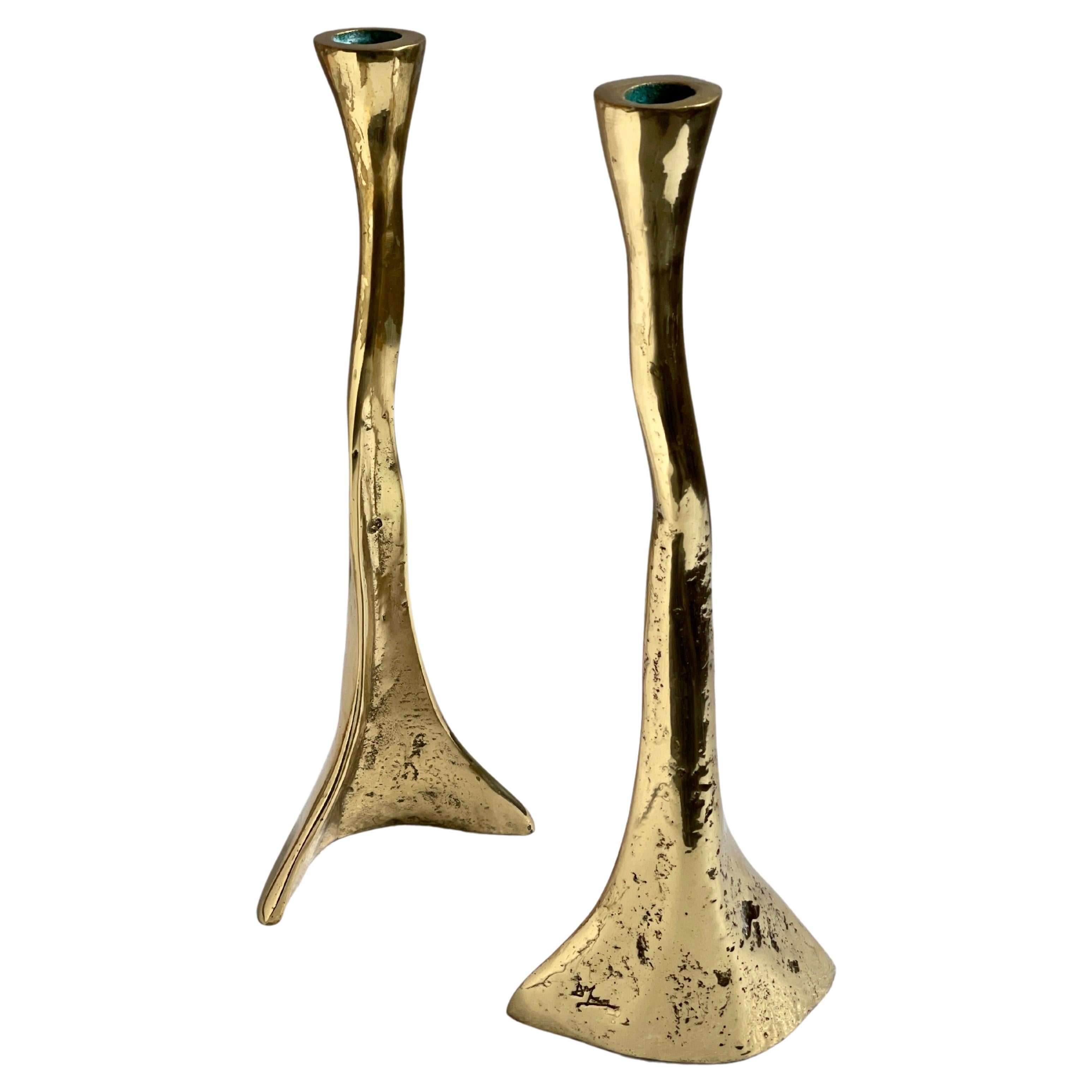 Rare Pair of solid brass Candlesticks. Rustickly cast. Denmark Mid-20th century