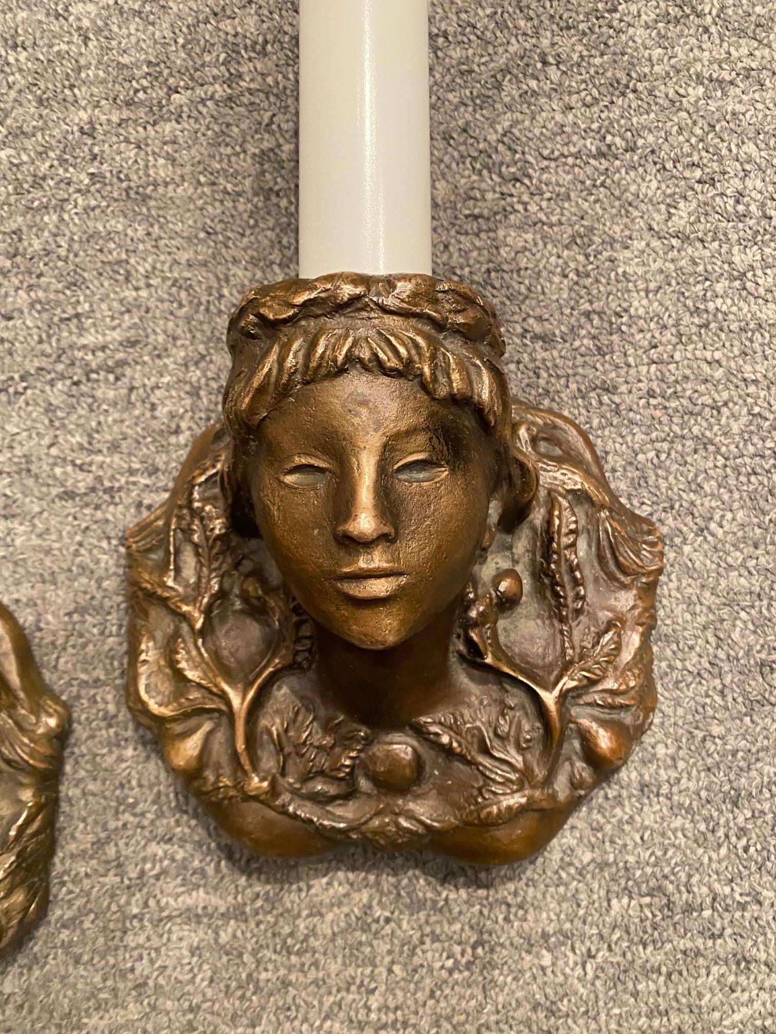 Rare Pair of Solid Bronze Sconces by Vadim Androusov Representing Female Figures 4